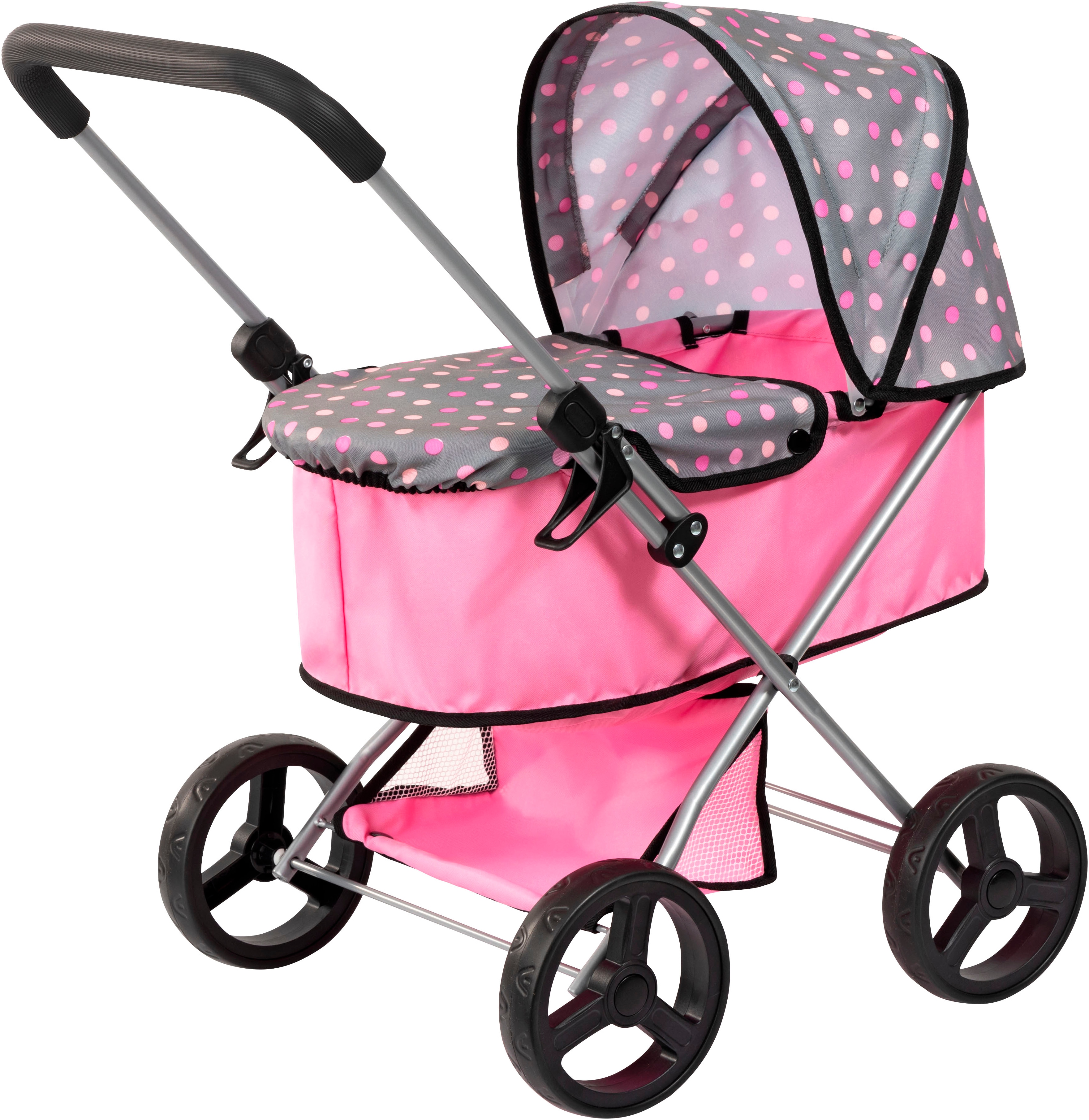 BAYER Kinder Puppenwagen "GO"fee grau, rosa, Kunststoff, Metall, Stoff, B:37cm H:59cm T:50cm, Puppenwagen