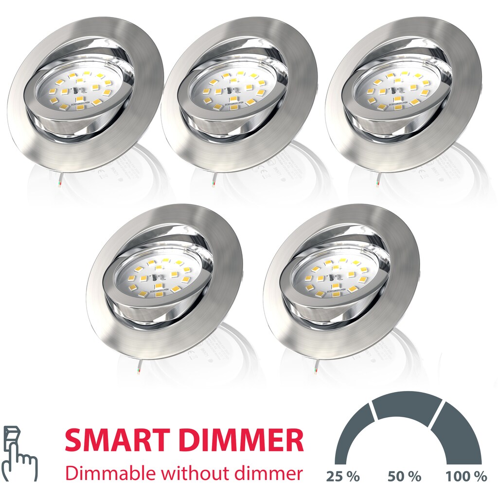 B.K.Licht LED Einbauleuchte 5er-Set,  LED-Modul 5,5 Watt, 470 Lumen, 3.000 Kelvin, über Lichtschalter in drei Stufen dimmbar, schwenkbar, IP23