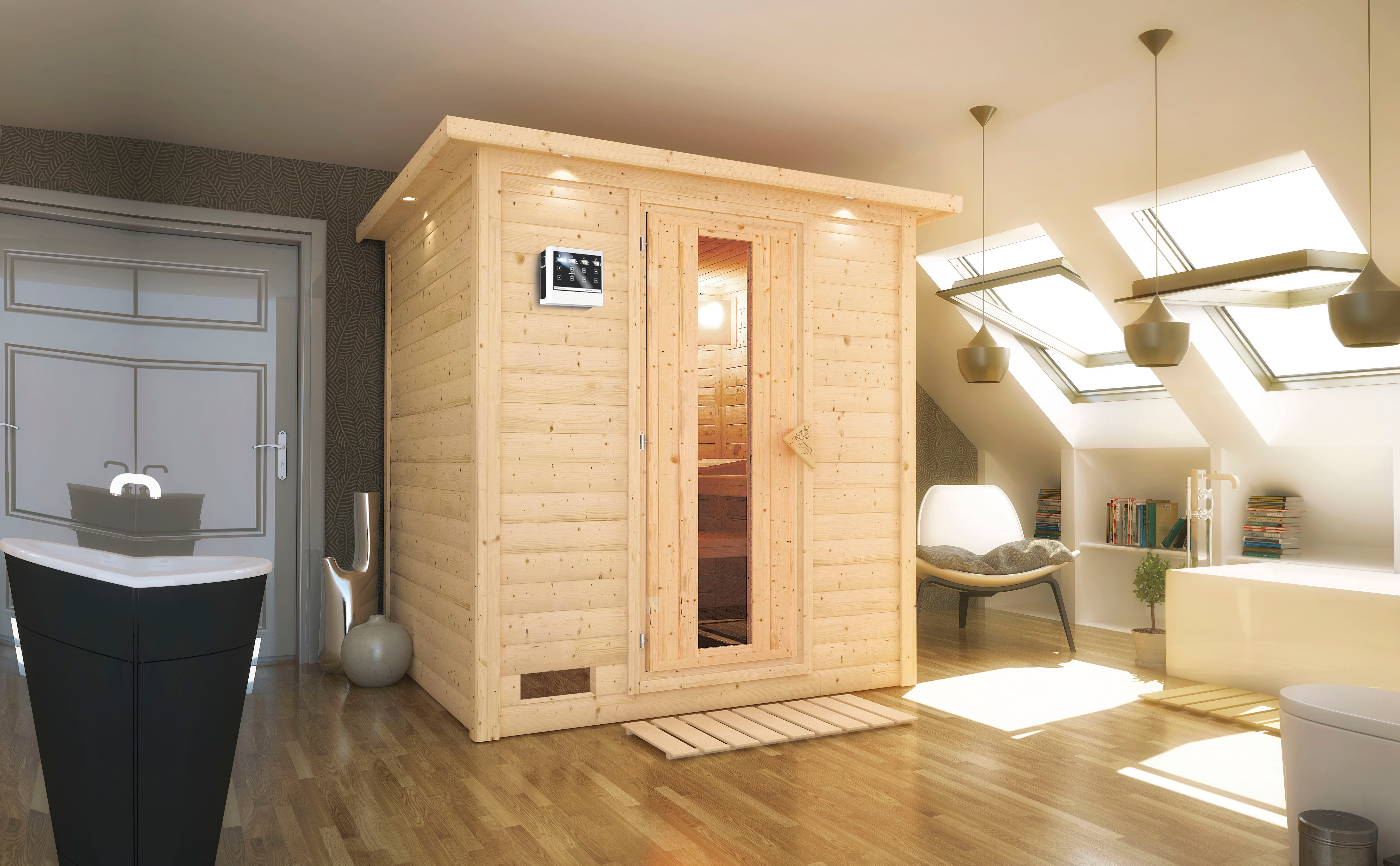 Karibu Sauna "Menja" Set, Ofen 9 kW Bio externe Strg easy