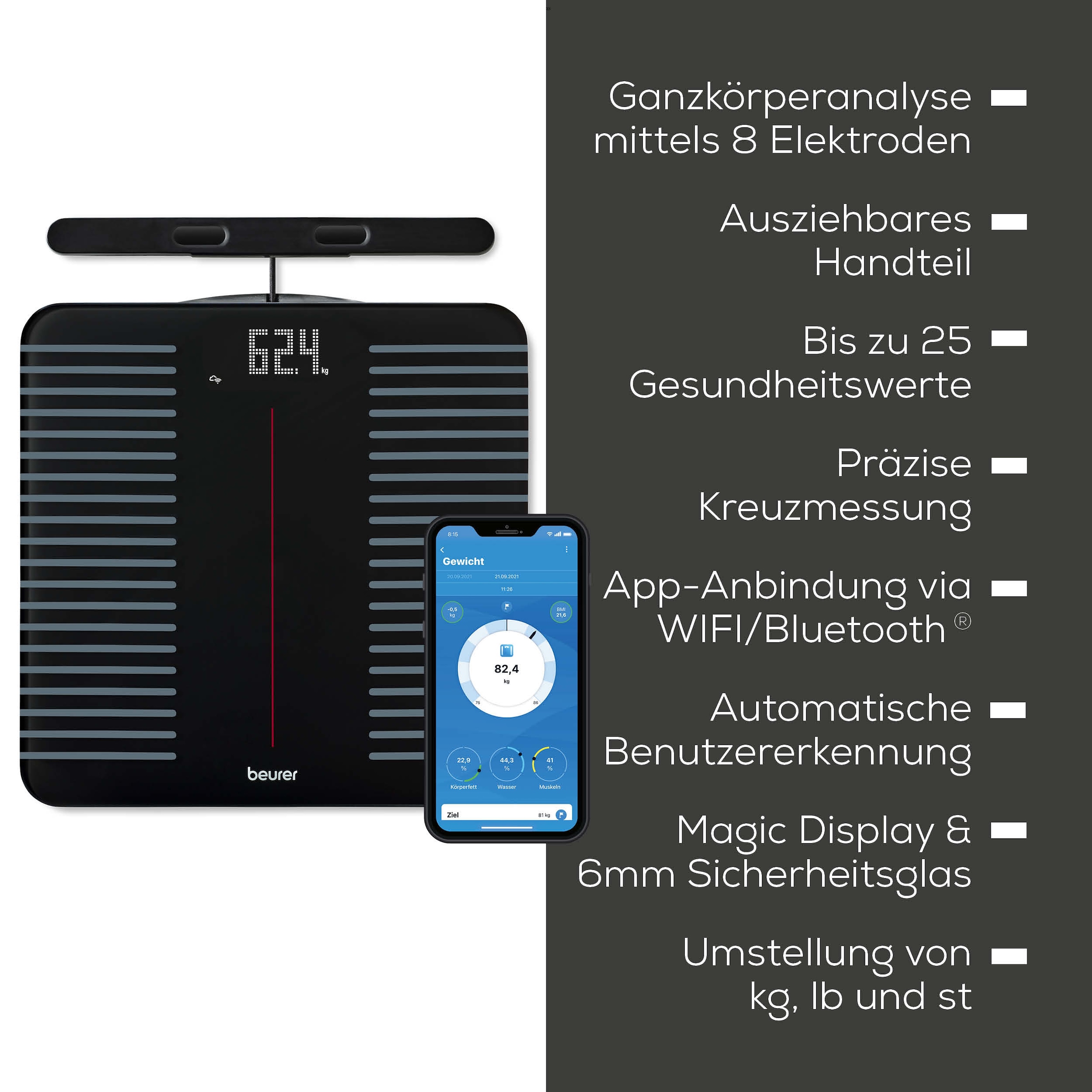 BEURER Körper-Analyse-Waage »BF 990 Diagnosewaage zur Ganzkörperanalyse, 180 kg, App-Verbindung«, Mit Handsensoren und App-Anbindung via WIFI/Bluetooth, 25 Messwerte
