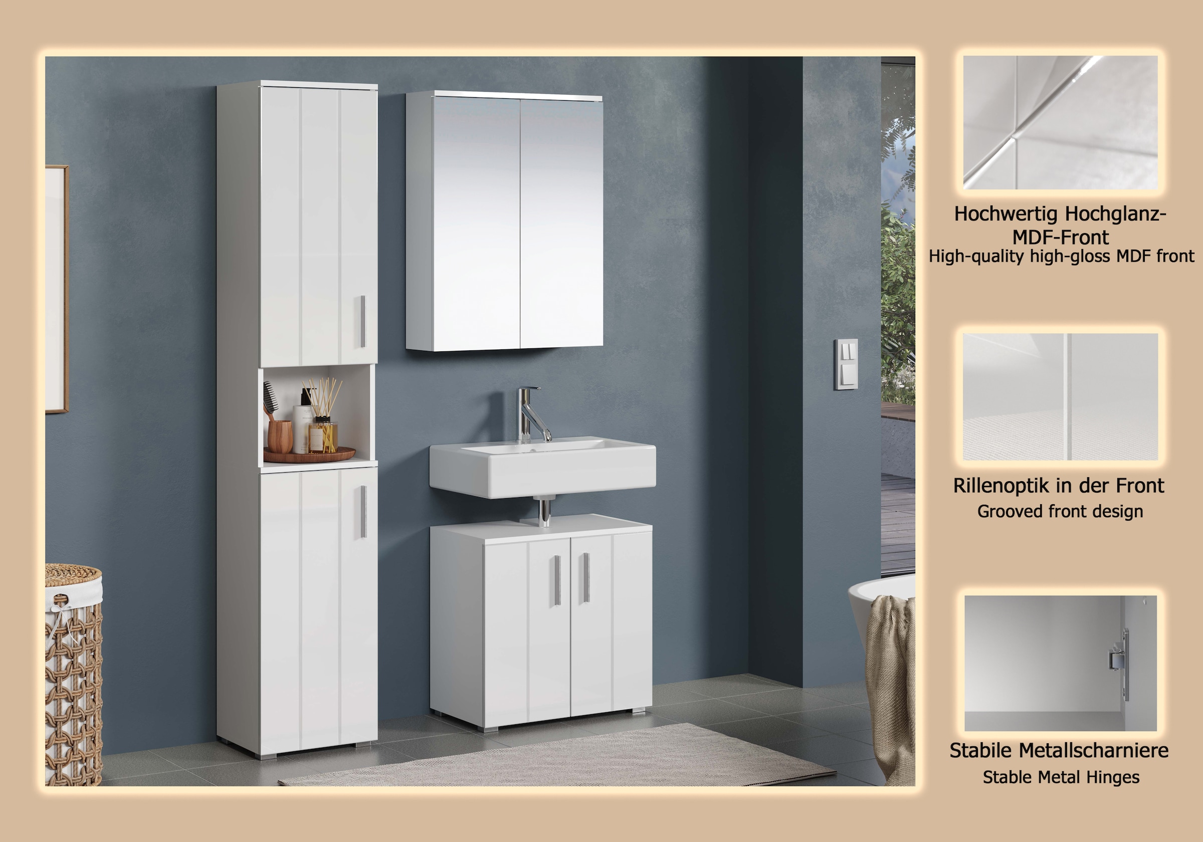 welltime Badezimmer-Set »Prag«, (Set, 3 St.), Hochschrank, Waschtisch und Spiegelschrank mit vertikalen Fräsungen