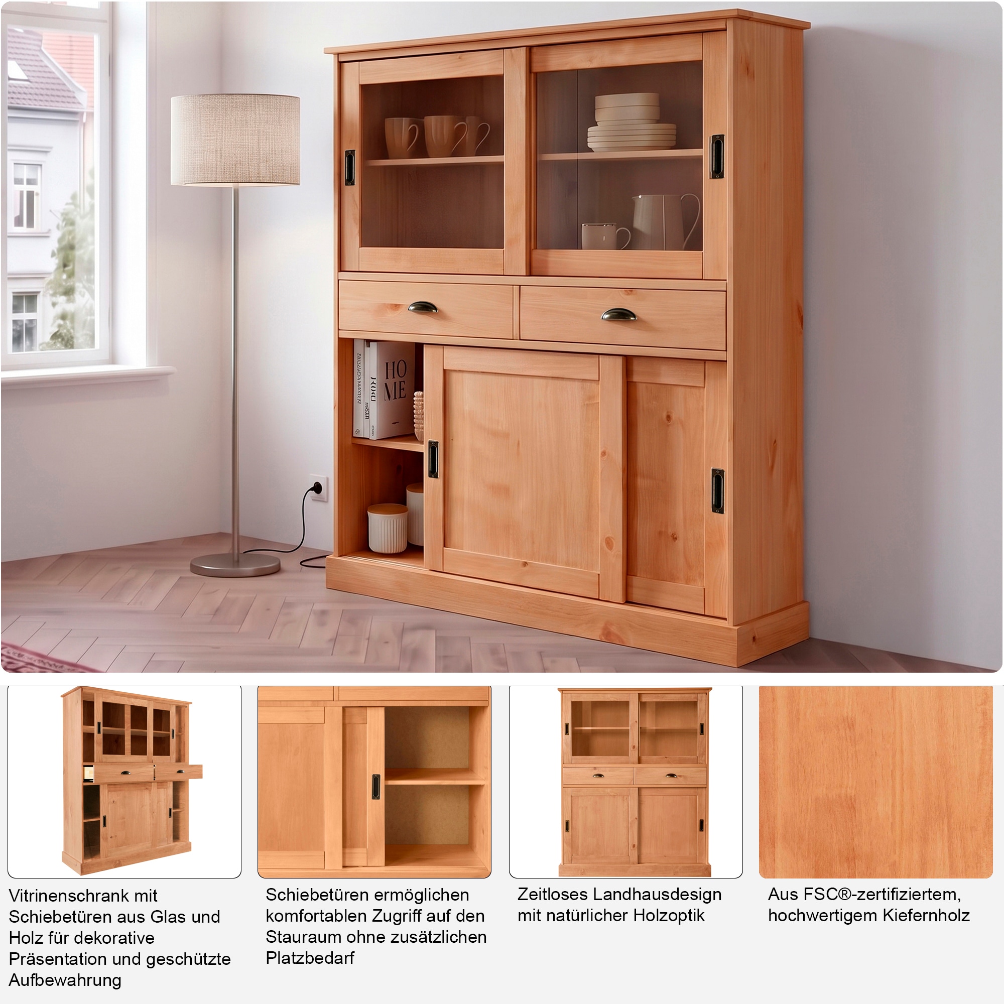 OTTO home Highboard »Schröder« Vitrine aus massivem Kiefernholz, Breite 114 cm