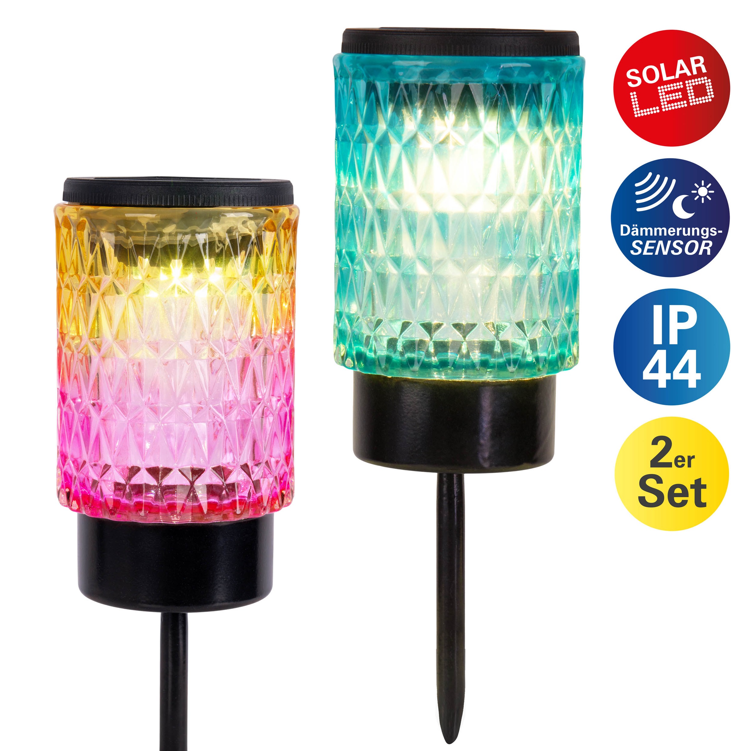 LED Solarleuchte NÄVE "Mila", bunt, H:25cm Ø:8,3cm, Leuchten, 2er Set Dekoerdspieß, Glas 1x rot, 1x blau, Dämmerungssensor, H: 25cm
