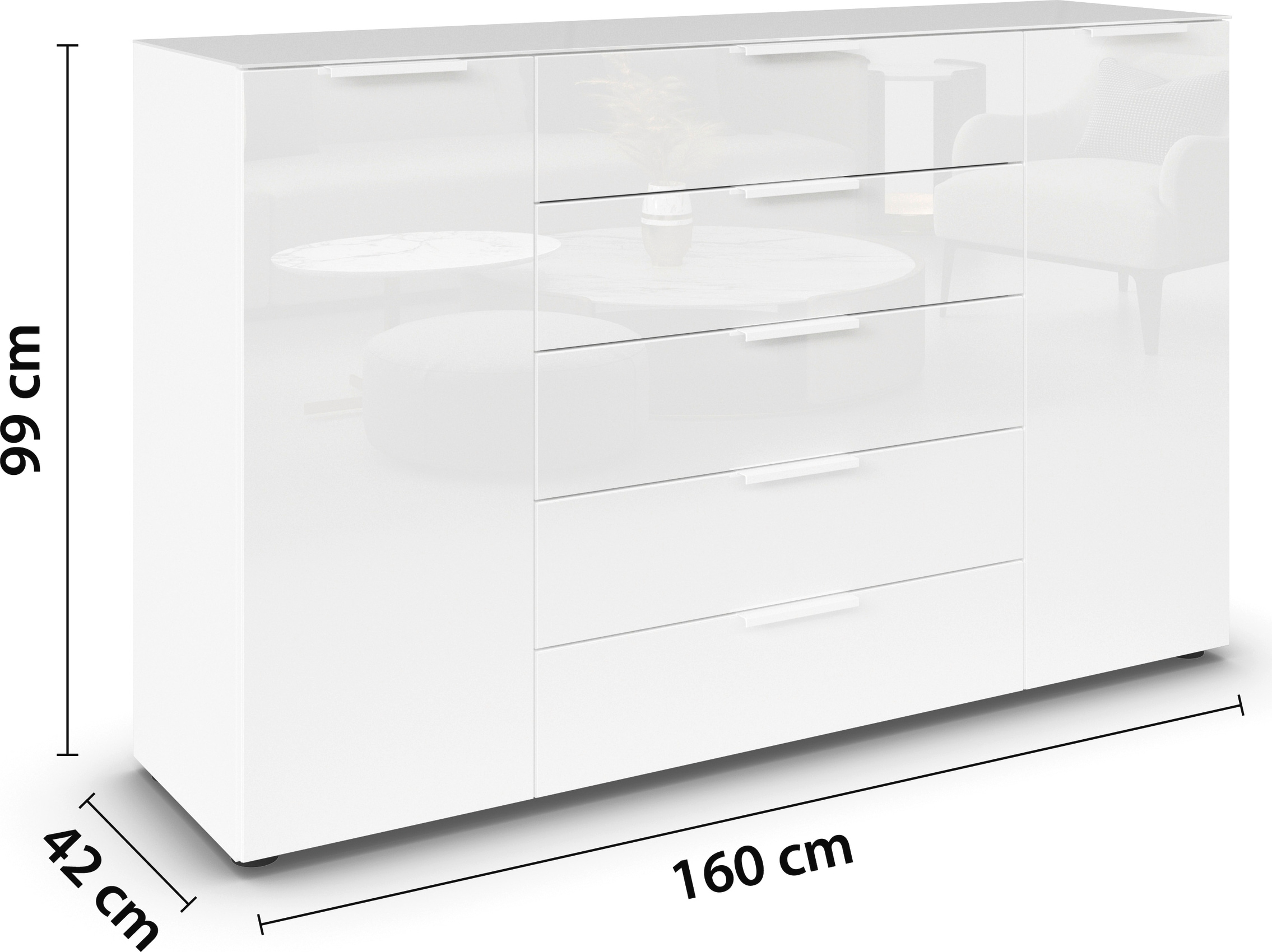 rauch Schubkastenkommode »Kommode Türkommode Sideboard Kombikommode FLIPP mit Glasfront«, (Breite 160/180 cm mit 4 Einlegeböden), 2-türig, 5 Schubladen, Soft-Close, Oberboden und Front Glas, 2 Breiten