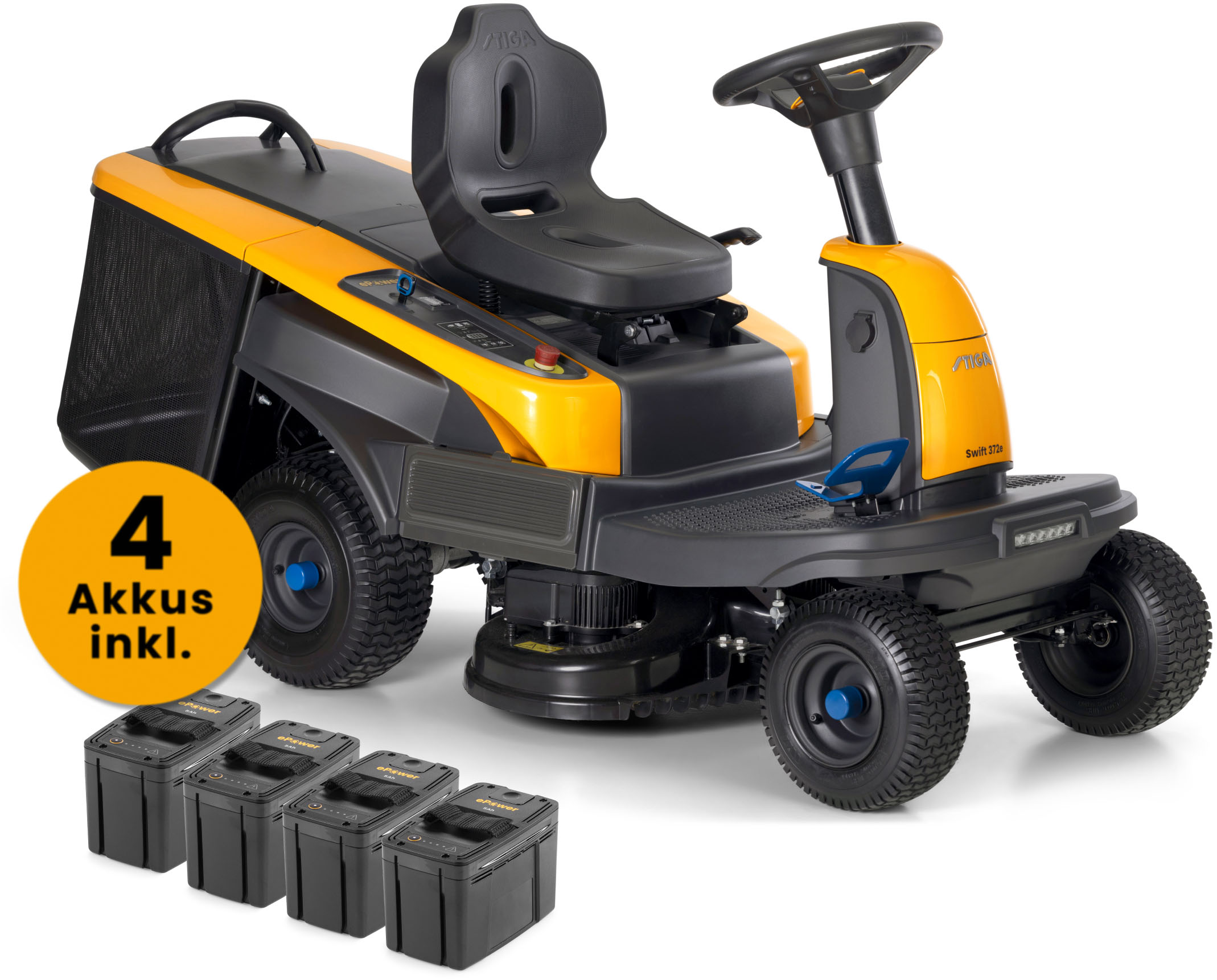 STIGA GARDEN Akku-Rasentraktor "Swift 372e Kit" für Flächen bis 2000 m², Doppel-Messer Mähdeck, Tempomat