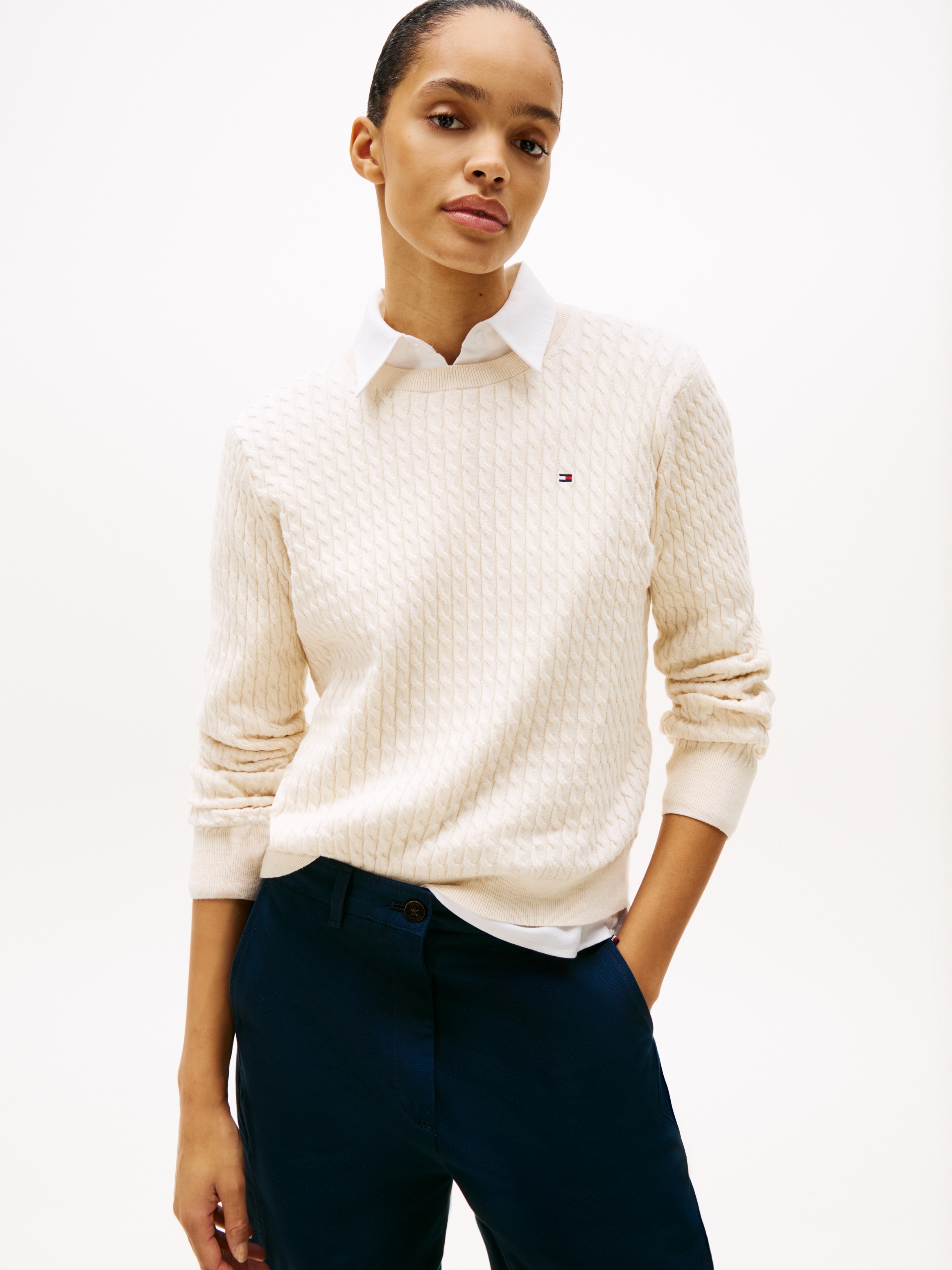 Tommy Hilfiger Rundhalspullover "CO CABLE C-NK LS SWEATER" Baumwolle, mit Zopfmuster, Regular Fit
