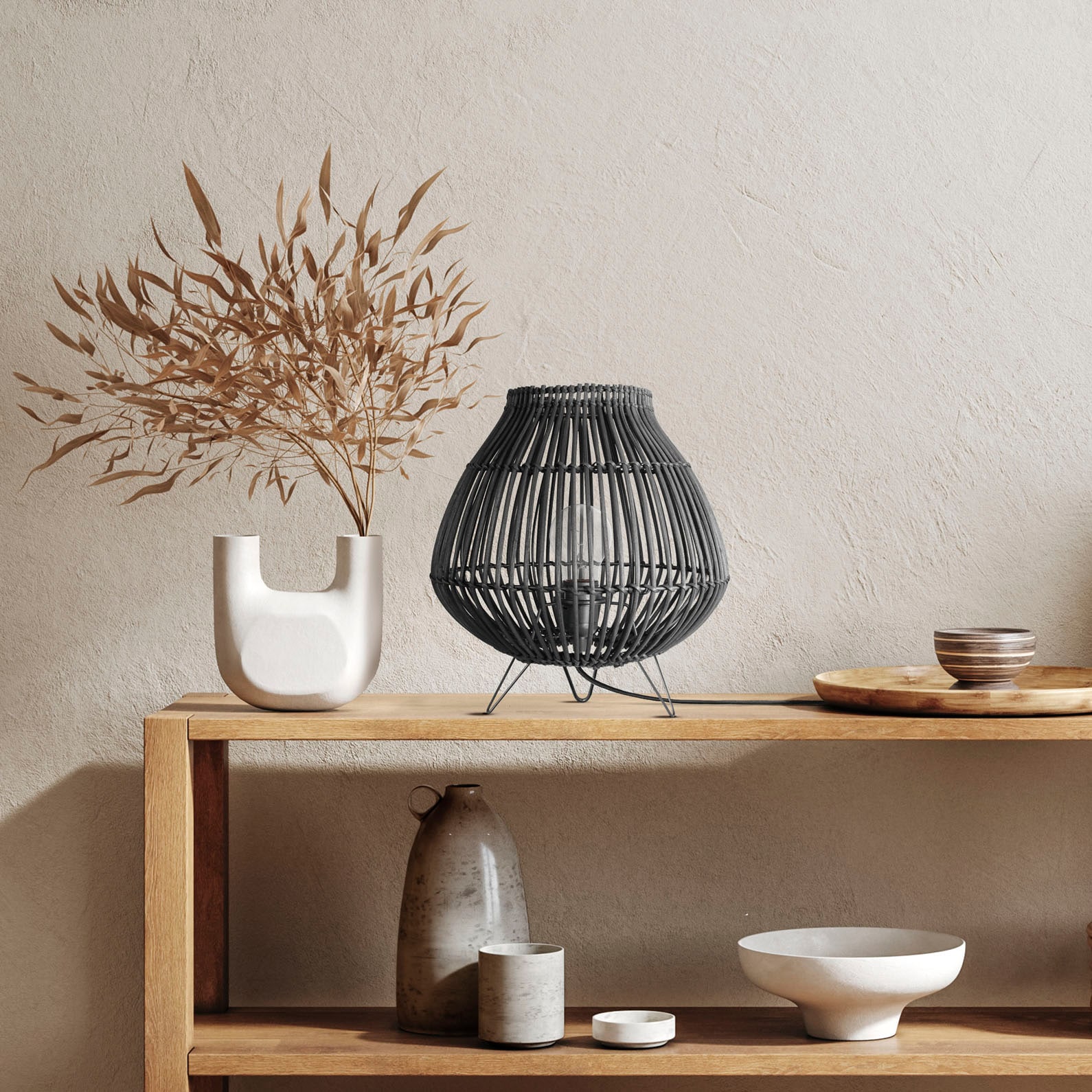 Paco Home Tischleuchte »PURI«, Leuchtmittel E27 | ohne Leuchtmittel, Rattan Korblampe Nacht LED Dreibein Boho E27