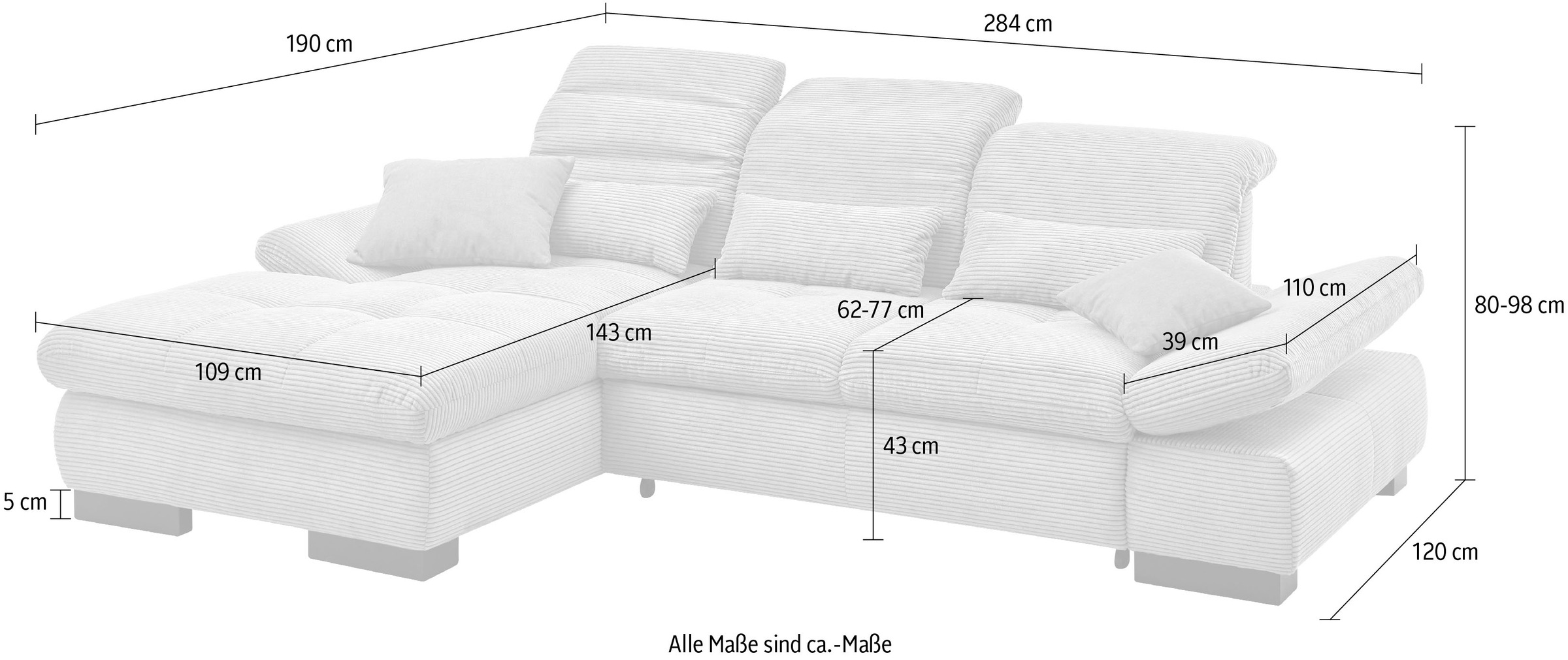 set one by Musterring Ecksofa »SO4100 V«, mit verstellbaren Kopfteilen, wahlweise mit Funktionen, Cord-Bezug