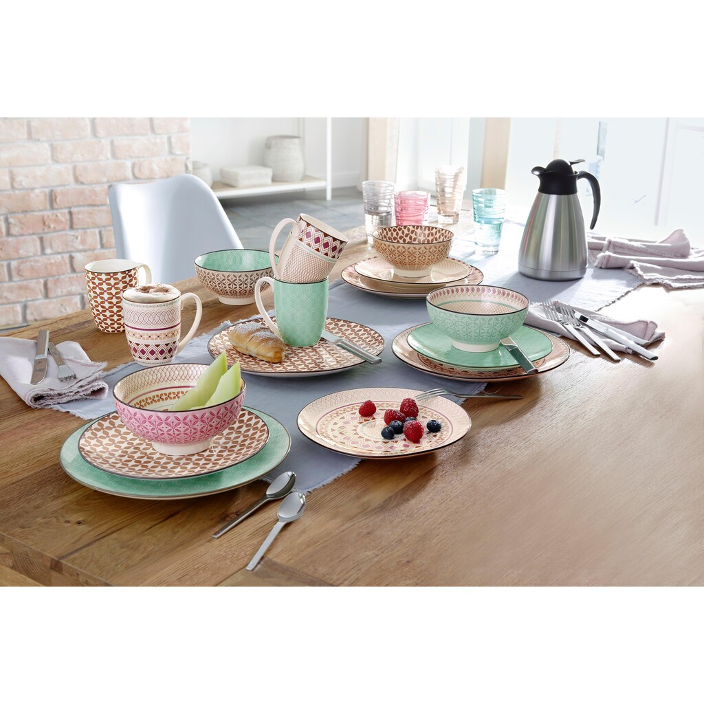 CreaTable Kombiservice »Geschirr-Set Mandala«, (Set, 16 tlg., Kaffeeservice und Tafelservice im Set, für 4 Personen), Service, 4 Designs, 16 Teile, für 4 Personen