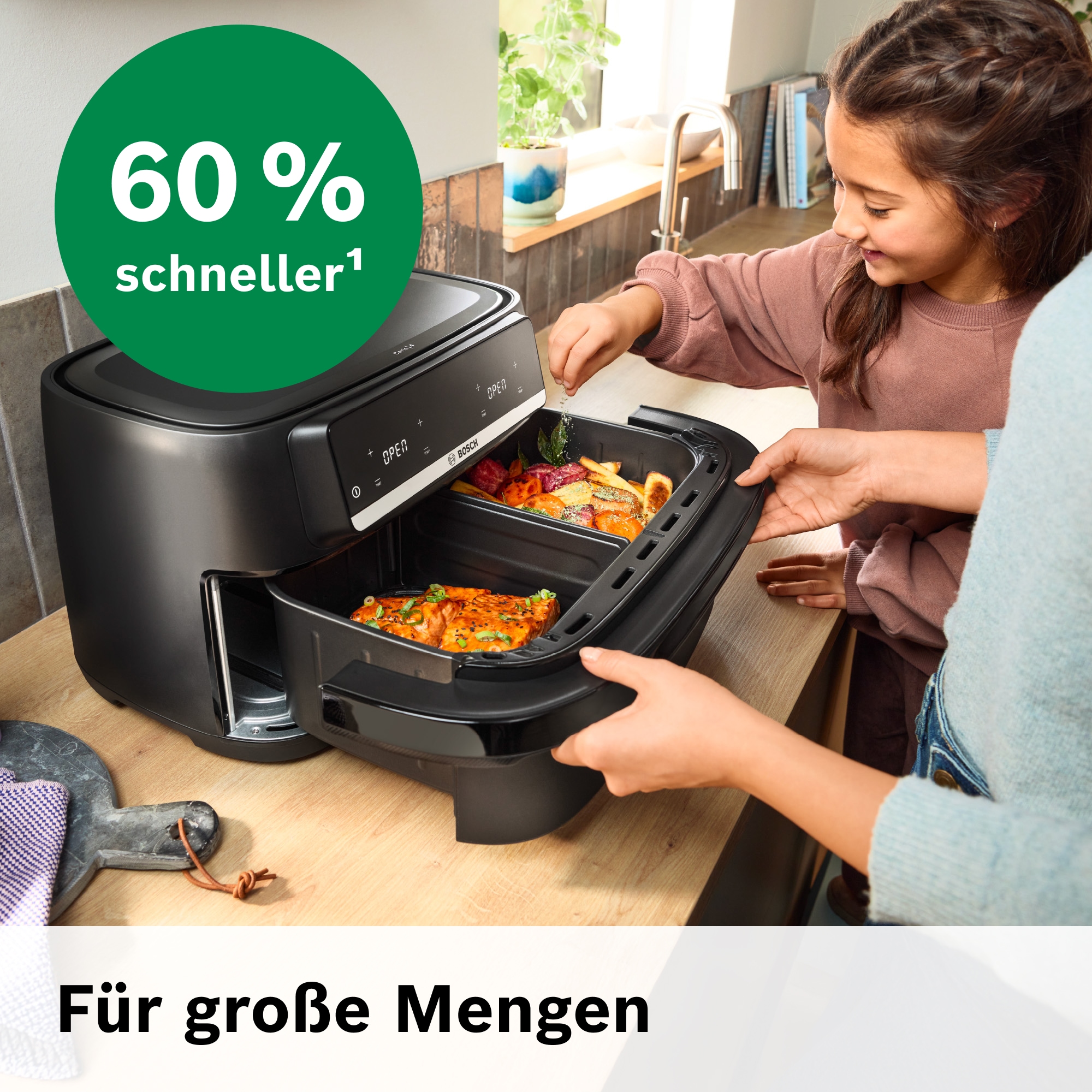 BOSCH Heißluftfritteuse »Airfryer MAFD490B7, Dualbasket, 10 L oder 2* 5L Kammern, schwarz« 2500 W PFAs frei, einfache Reinigung, 6 voreingestellte Programme