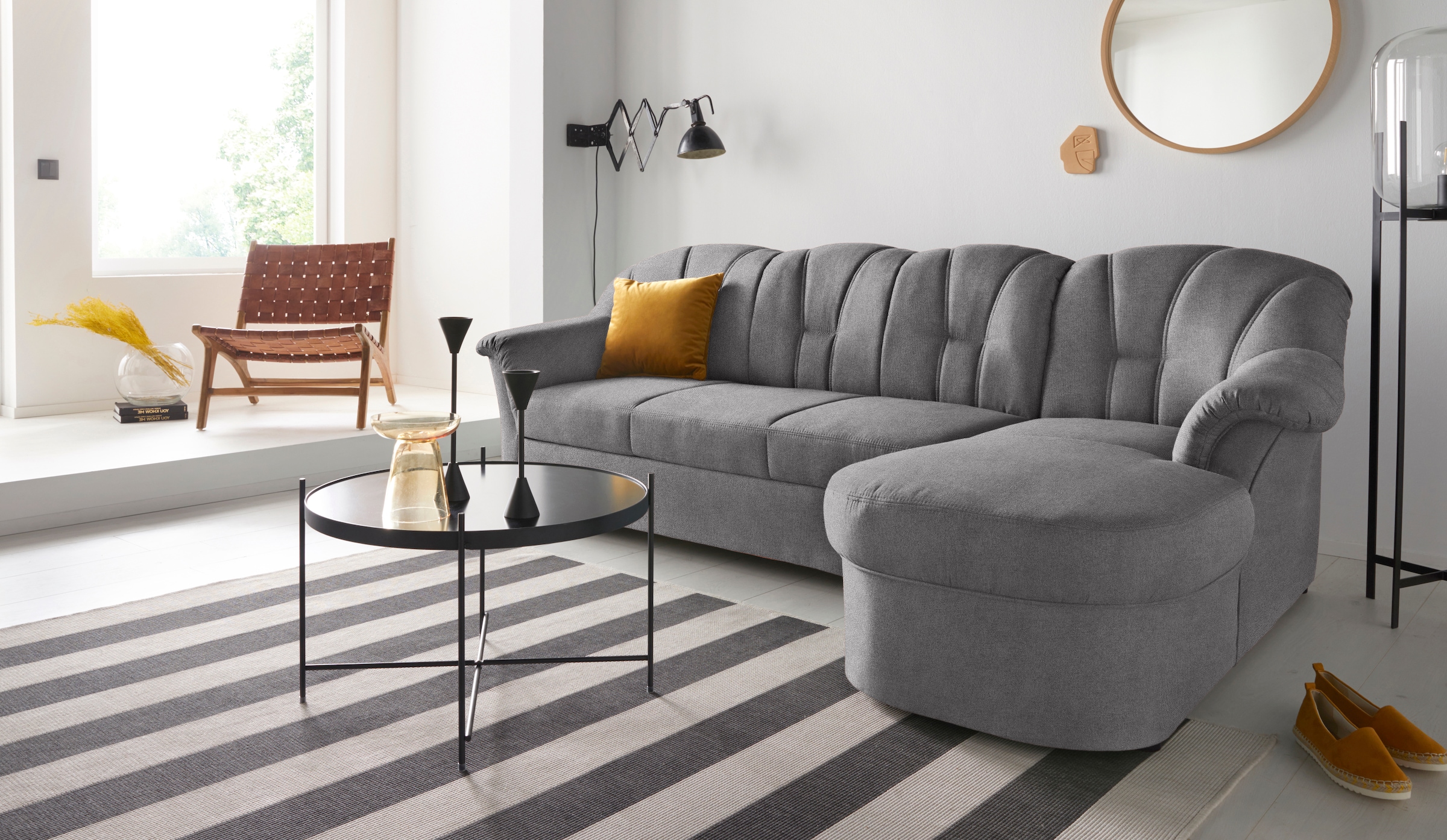 DOMO collection Ecksofa "Papenburg, zeitlose Rückensteppung, elegante Formensprache, L-Form" in großer Farbvielfalt, wahlweise mit Bettfunktion