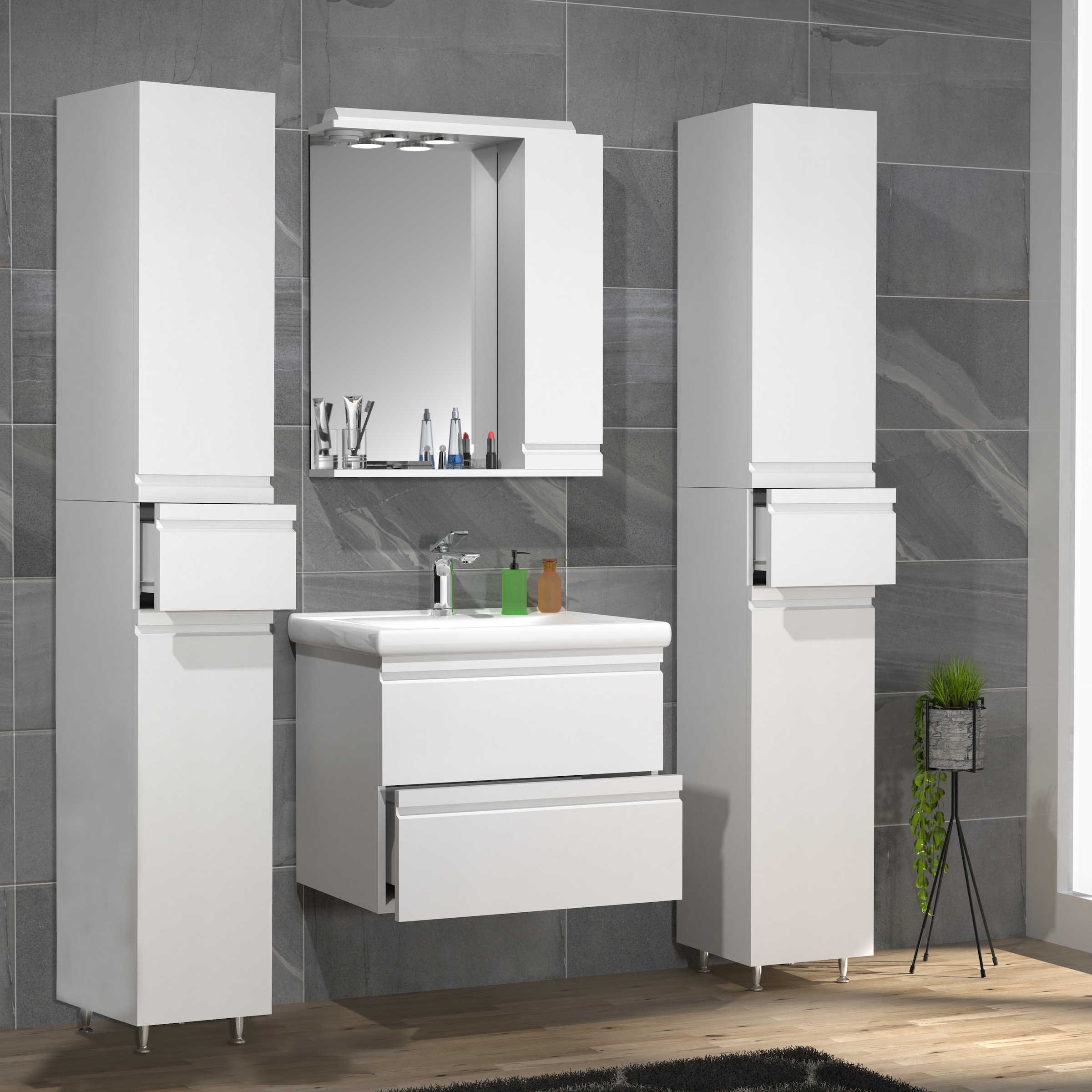 VCM Waschbeckenunterschrank »VCM 5-tlg. Waschplatz Waschtisch 60 cm Badmöbel Set Waschbecken grifflose Schublade Spiegelschrank Hochschrank Silora L«, (5 St.)