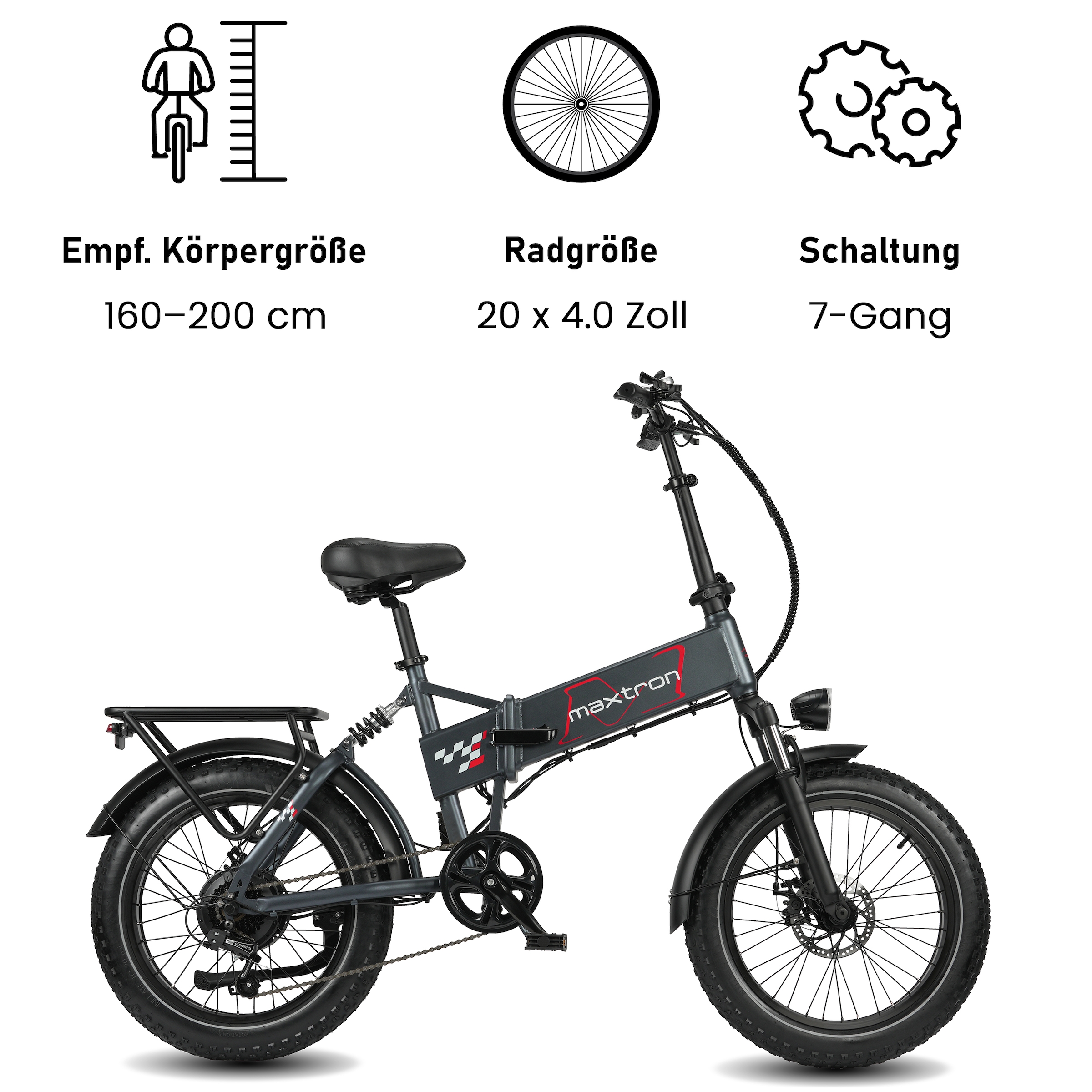 Maxtron »Maxtron Polaris 20-Zoll Elektro-Fatbike« 7 Gang Shimano Kettenschaltung Heckmotor 250 W Packung,  mit 60 Nm Power – perfekt für City-Pendler