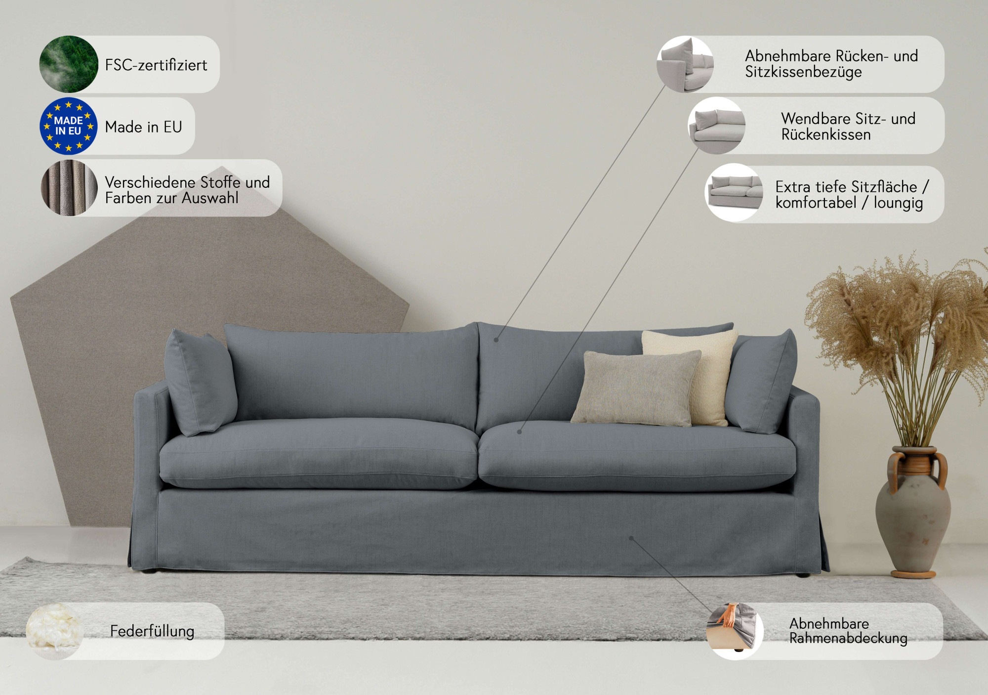 Thumbnail - andas 3-Sitzer "Joucas, Hussensofa, Breite 244 cm", (1 St.), extra tiefe Sitzfläche, mit Faserball-Füllung für mehr Sitz...