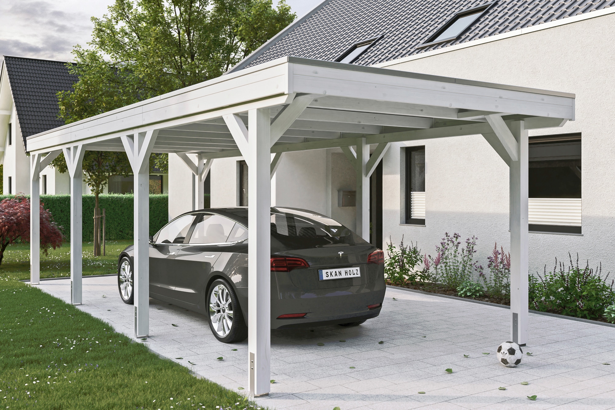 Skanholz Einzelcarport "Grunewald" Leimholz weiß mit Aluminiumdach