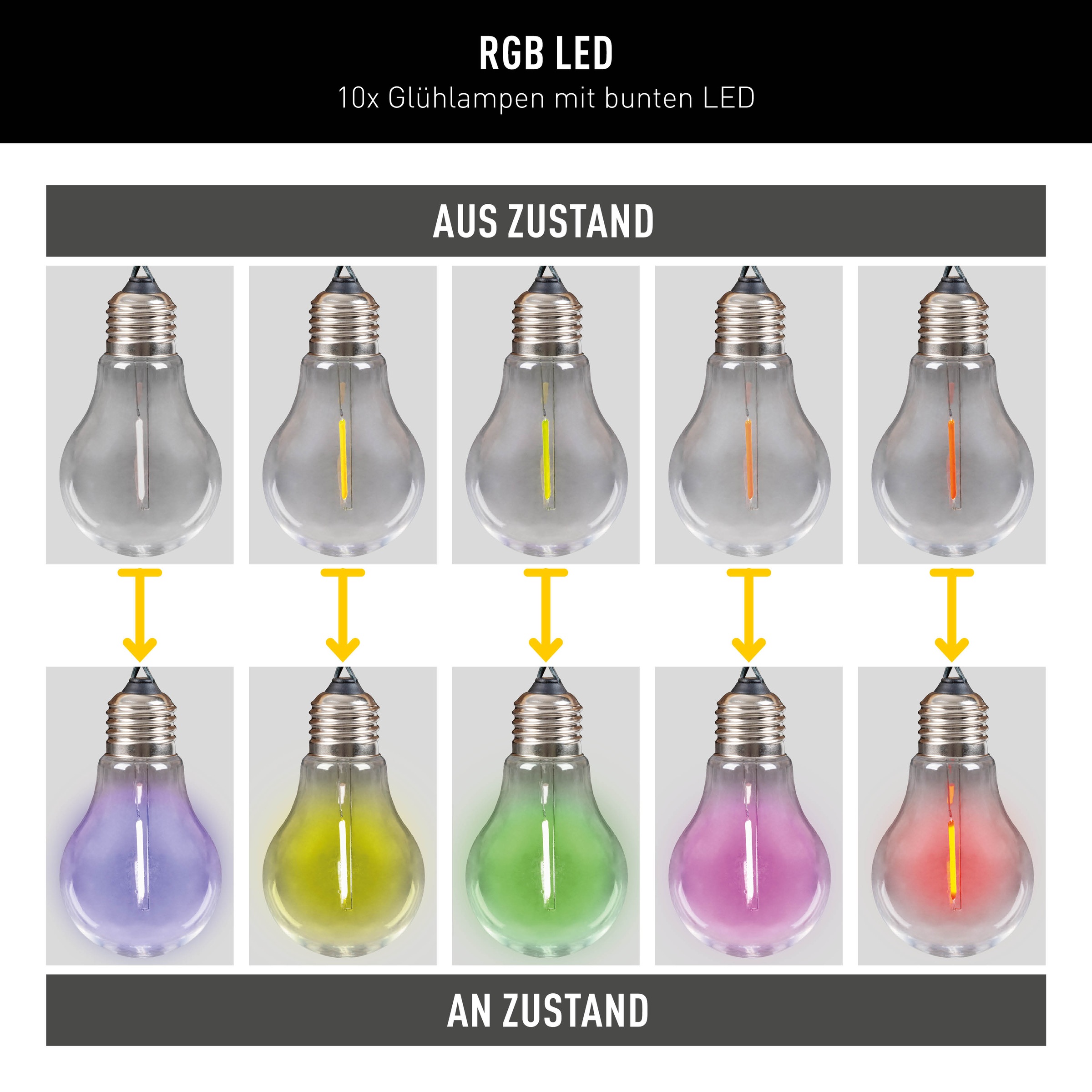 näve LED-Lichterkette »Linda«, 10 St.-flammig, Solar, 10 Glühbirnen klar, RGB-LED, Dämmerungssensor, Zuleitung 180cm