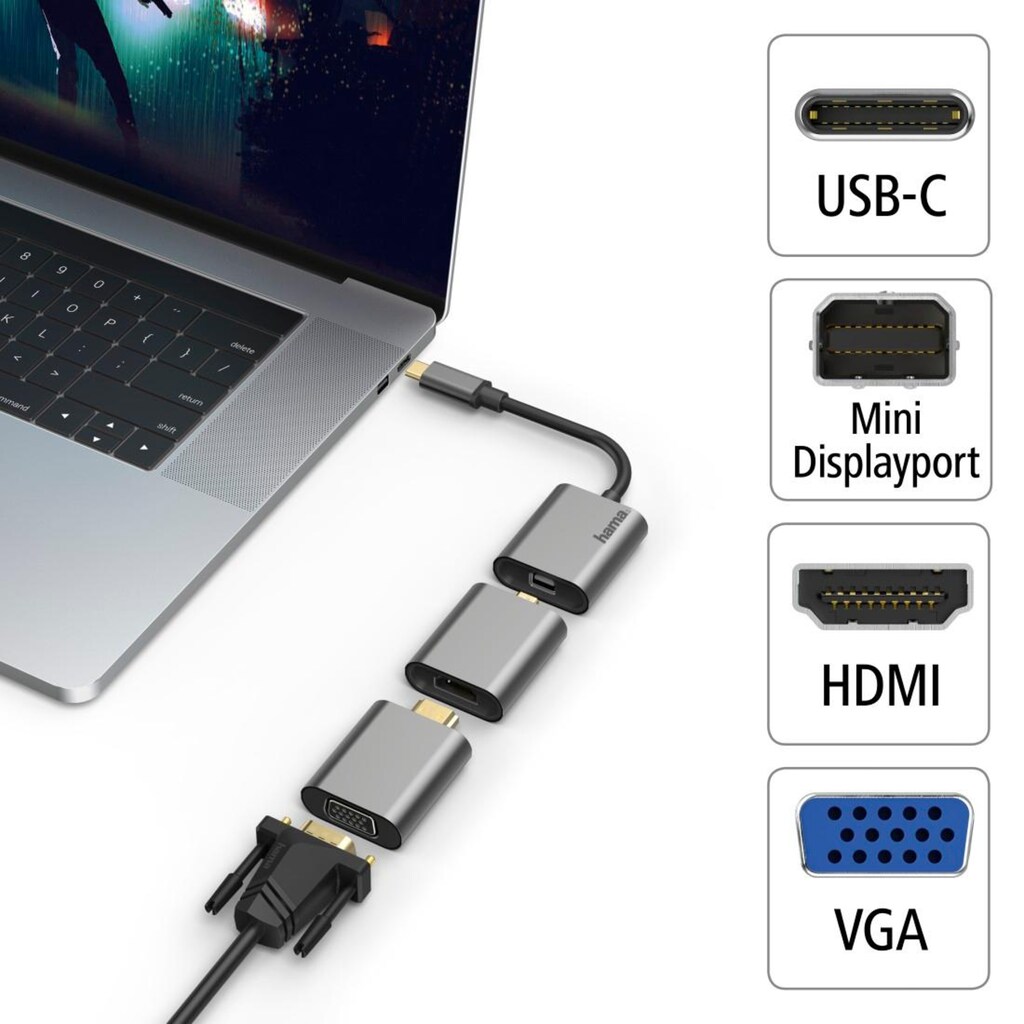 Hama Computer-Adapter »USB-C Multiport Adapter Set 6 in1, USB-C, Mini DisplayPort, HDMI, VGA«, USB-C-Mini DisplayPort zu HDMI-VGA-Mini DisplayPort