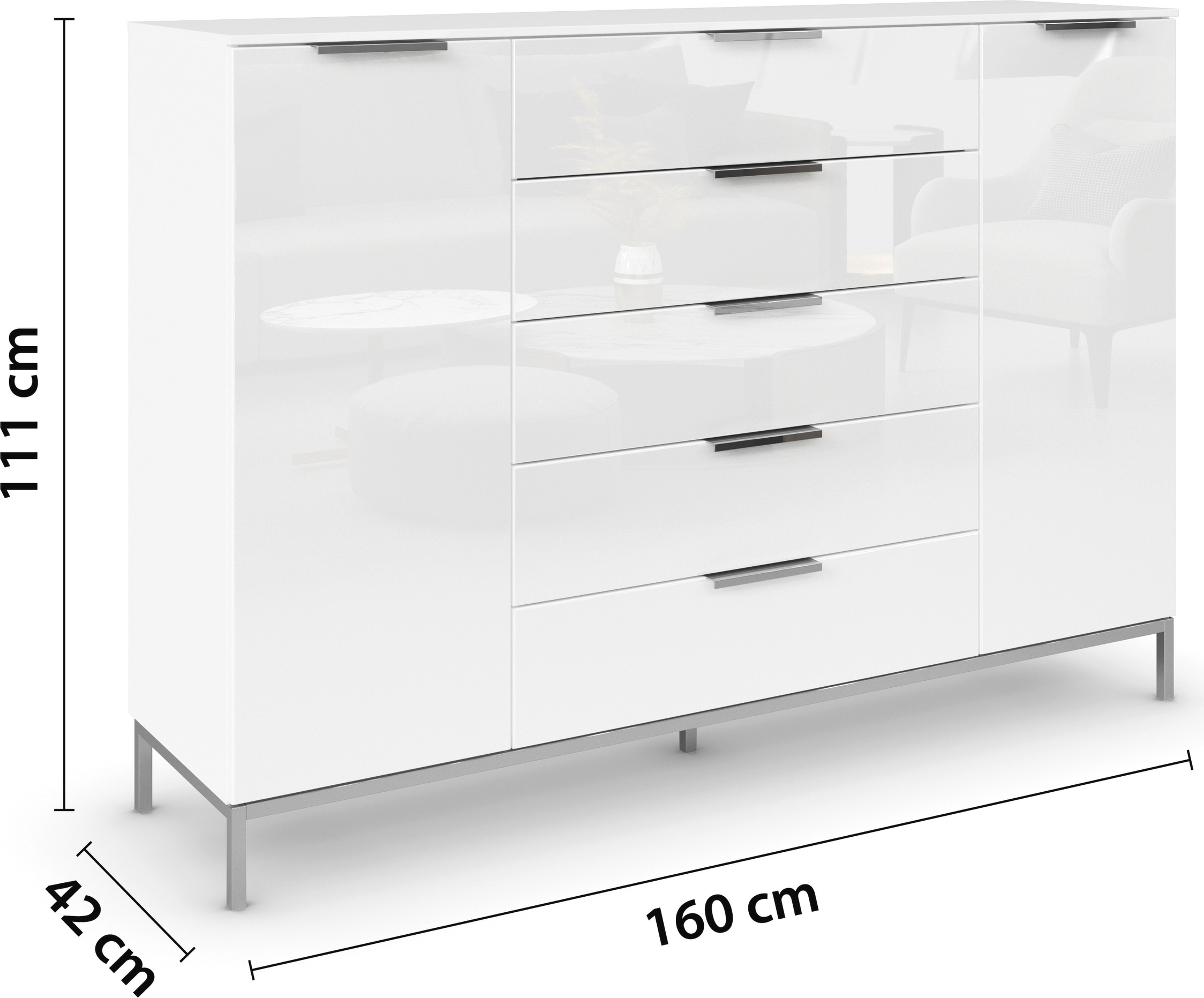 rauch Schubkastenkommode »Kommode Türkommode Sideboard Kombikommode FLIPP mit Glasfront«, (Breite 160/180 cm mit 4 Einlegeböden), 2-trg mit 5 Schubladen und Soft-Close-Funktion, Glasfront, 2 Breiten