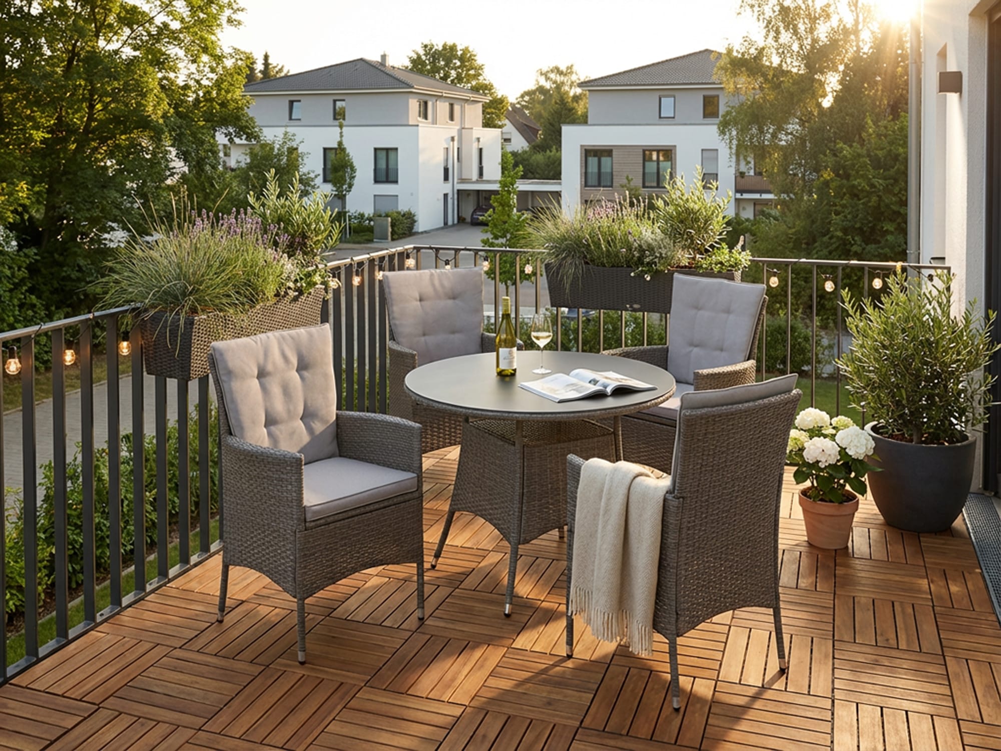 KONIFERA Garten-Essgruppe "Mailand" Set, 4 Sessel, Tisch Ø 100 cm, inkl. Auflagen, 13 Stk. tlg. Polyrattan, Stahl, Braun, Tischplatte aus Sicherheitsglas