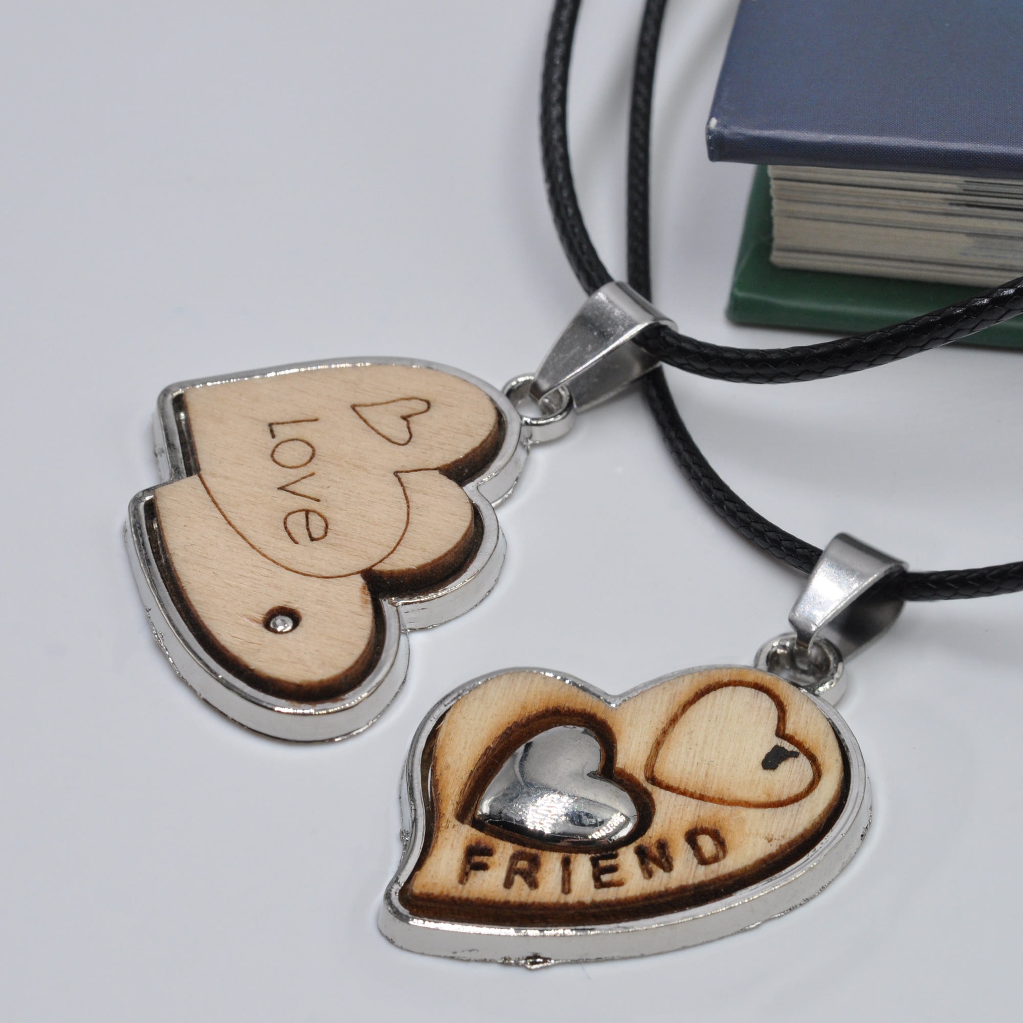 Steuer Kette mit Anhänger »Partner Set Herz Metall Holz Kunstleder schwarz«