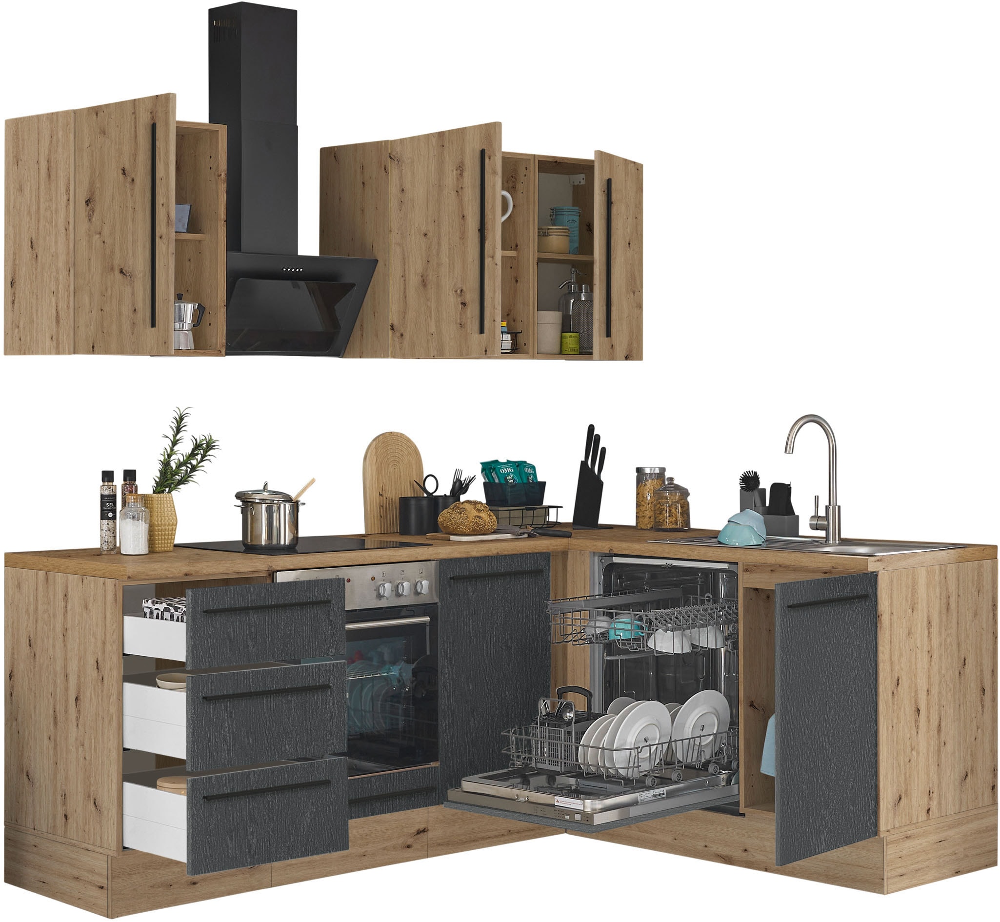 KOCHSTATION Winkelküche »Florida, Stellbreite 220x175 cm«, wahlweise mit E-Geräten, mit Softclose für Türen und Schubkästen