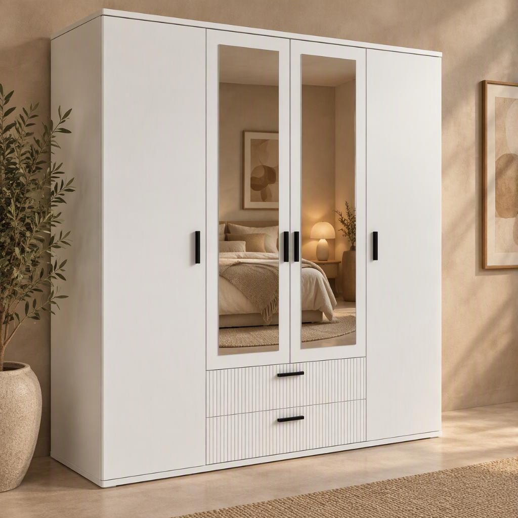 OTTO home Kleiderschrank »TERRIK, modern mit viel Stauraum & geriffelter Struktur, Spiegel« B/H/T ca. 150/200/60 cm, Garderobe mit 6 Fächern, Kleiderstange, 2 Schubladen, Made in EU