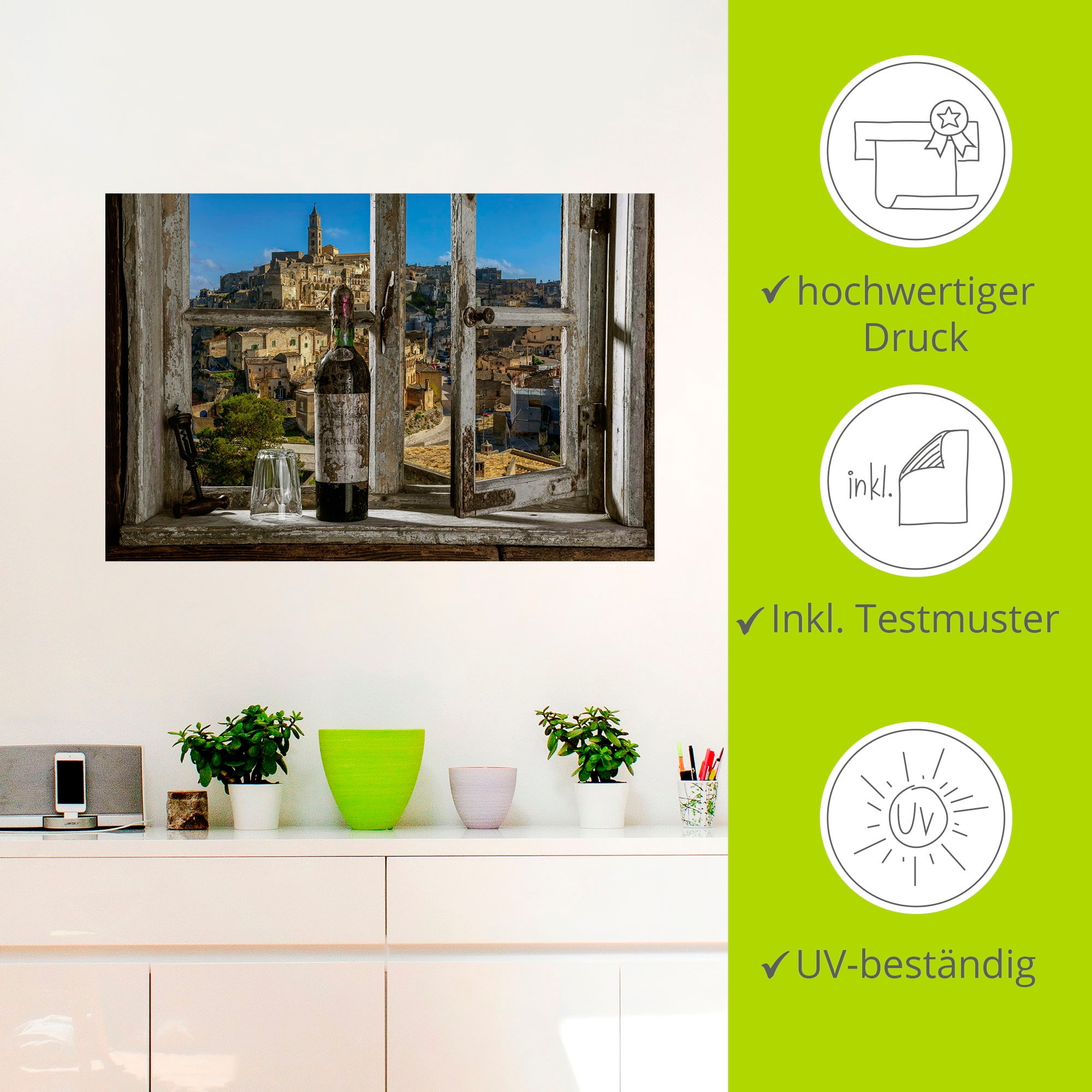 Artland Wandbild »Blick aus dem Fenster Matera, Italien«, Fenster & Türen, (1 St.), als Alubild, Outdoorbild, Leinwandbild, Poster, Wandaufkleber