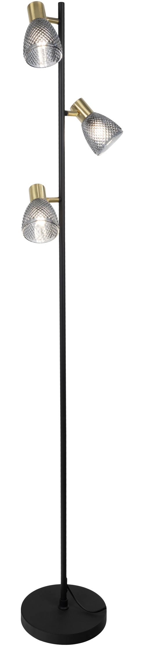 näve Stehlampe »Lindita« E14 1 Stk. 3er Spot, Relief-Glasschirm smokey, Gestell messing matt, 3x E14 exkl.