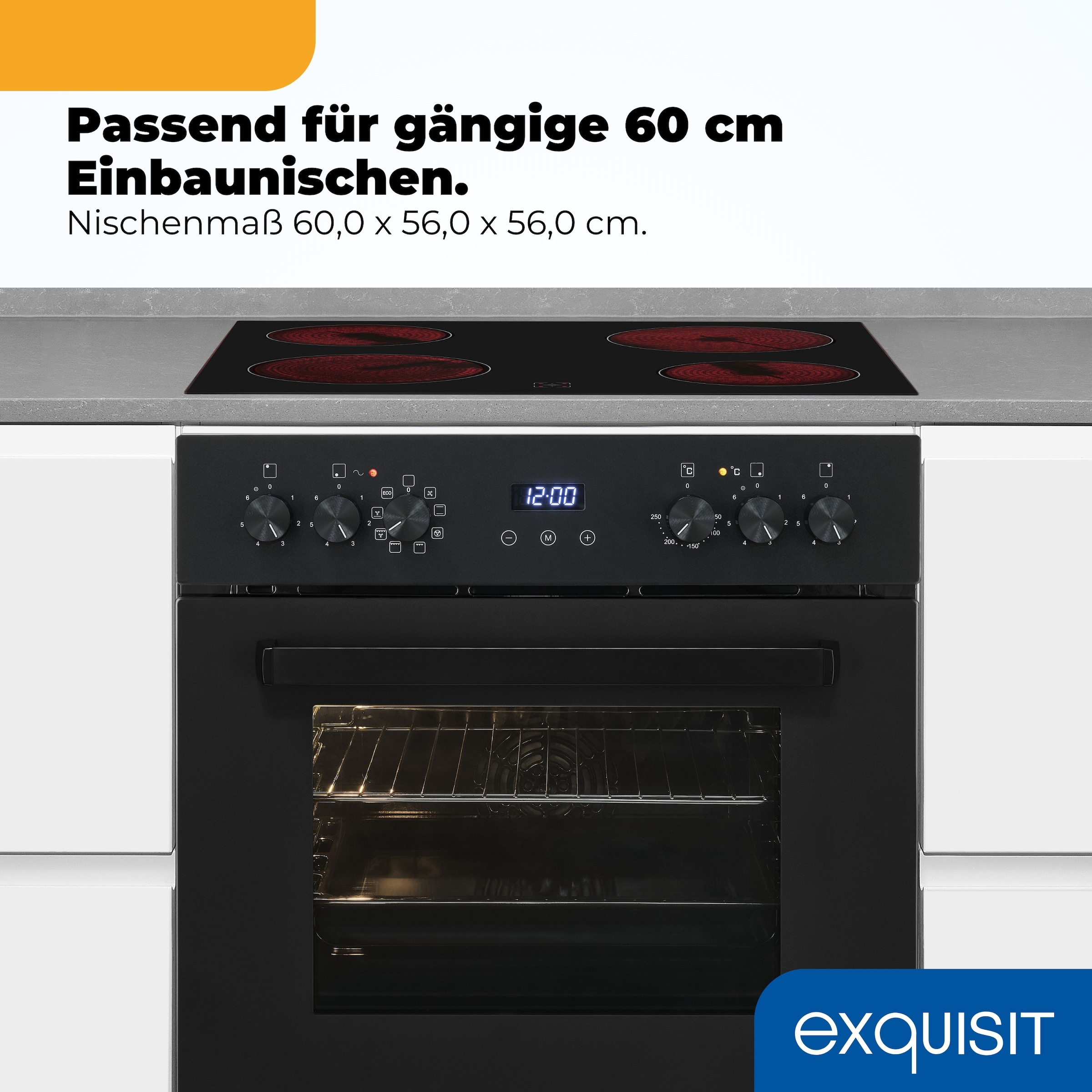 exquisit Backofen-Set »EHE367-HBZ-120 mattschwarz« Backofen | Glaskeramikkochfeld, 2 Stk. tlg. Vielseitiger Grill und 4-Zonen-Glaskeramikkochfeld – einfach & sicher!
