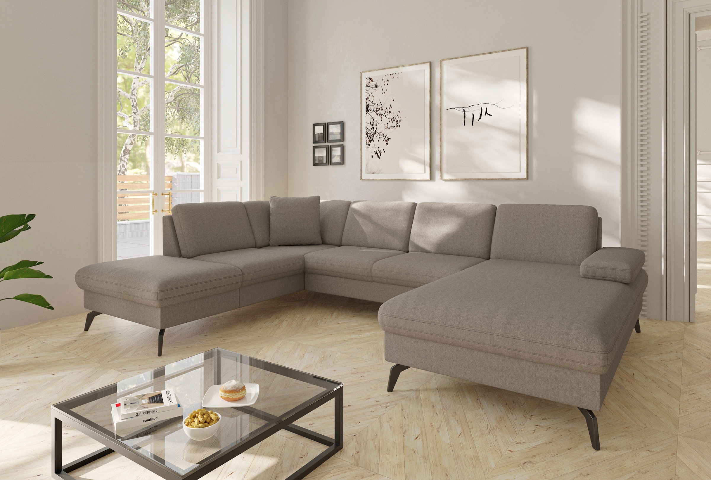 sit&more Wohnlandschaft "Morris Jubi U-Form, B: 300 cm, Armteilverstellung" optional mit Bettfunktion, 1 Zierkissen, komfortable Sitzhöhe 44 cm