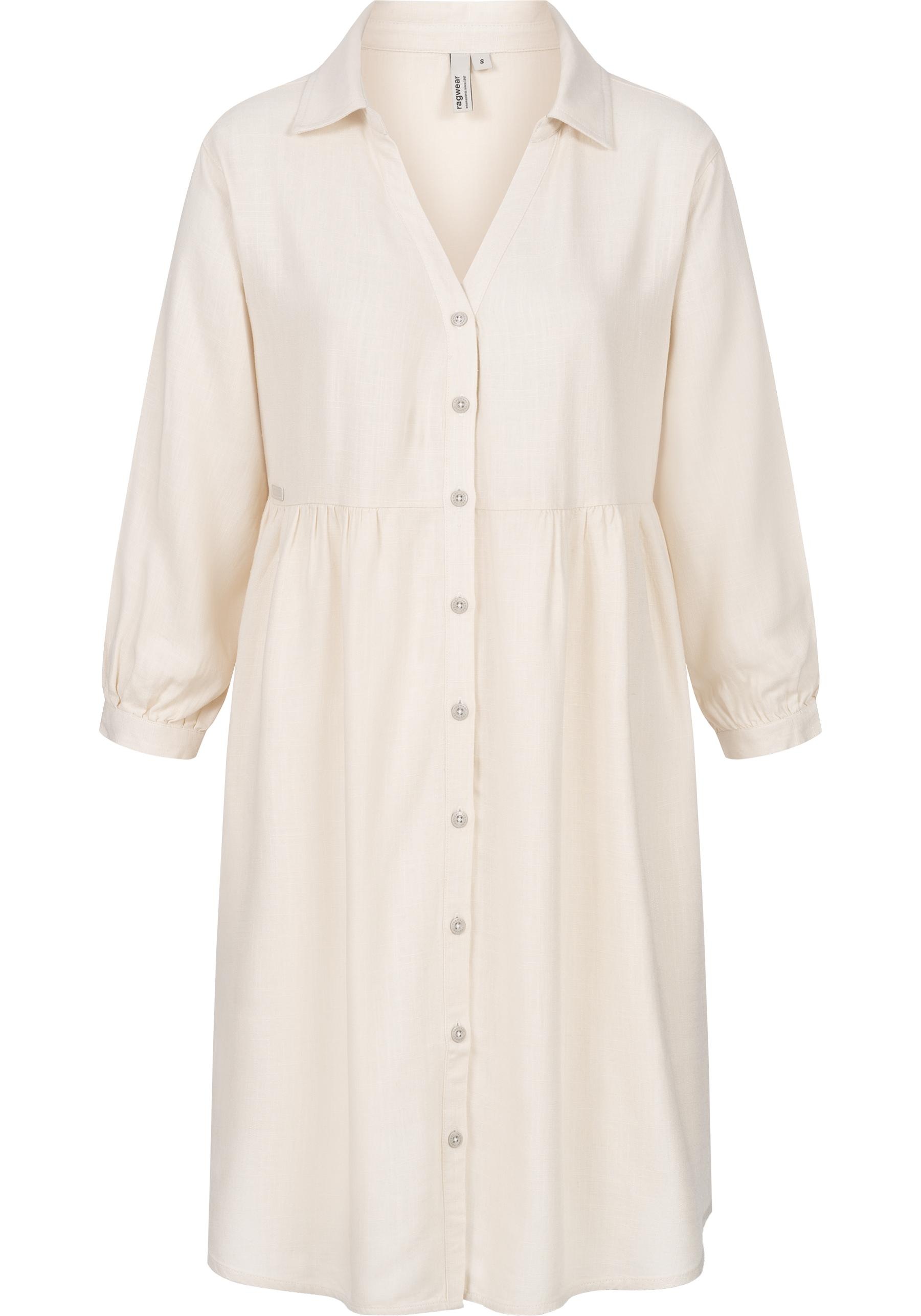 Minikleid RAGWEAR "Almu", Damen, Gr. S (36), Normalgrößen, beige (ecru), 75% Viskose, 25% Leinen, figurbetont ca. Mitte Oberschenkel, V-Ausschnitt, eng,mit Knopf normaler Saum mit Druckknöpfen,verstellbar, Kleider Minikleid, Leichtes Langarmkleid mit Blum