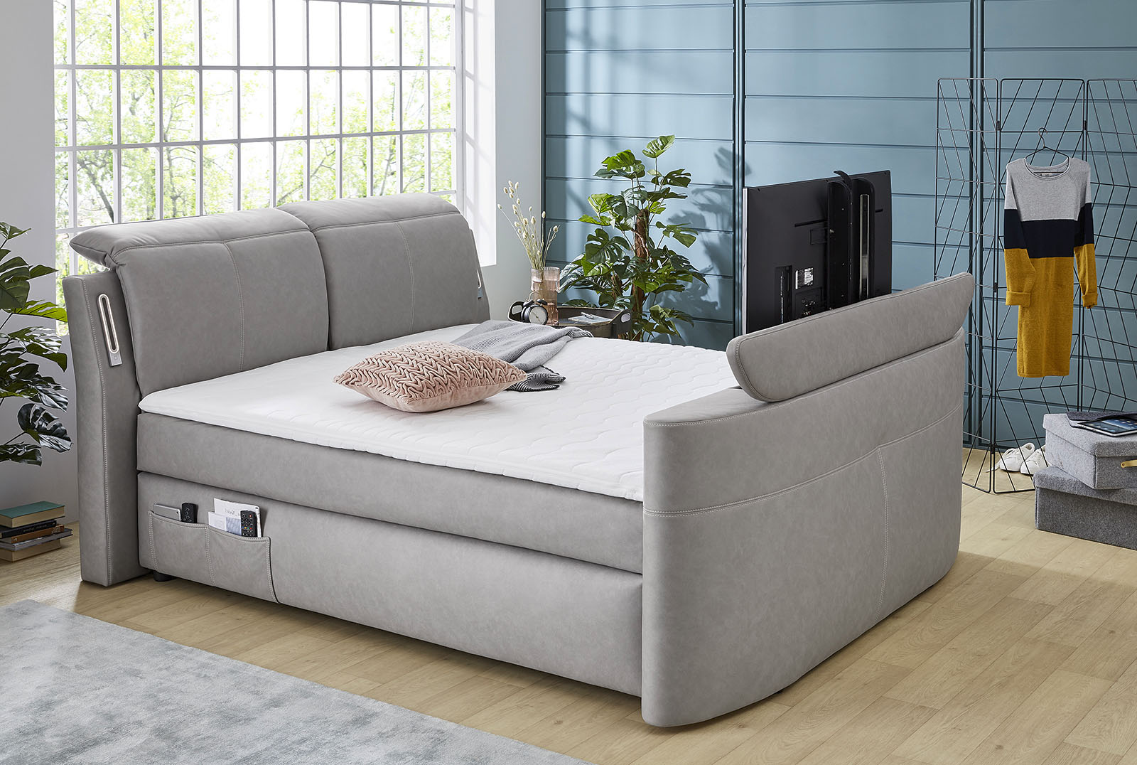 Jockenhöfer Gruppe Boxspringbett "MOVIESTAR, mit Taschenfederkernmatratze H3-H4, inkl. LED-Beleuchtung" wahlweise Strukturstoff-Bezug oder Microfaser-Bezug, 180x200cm