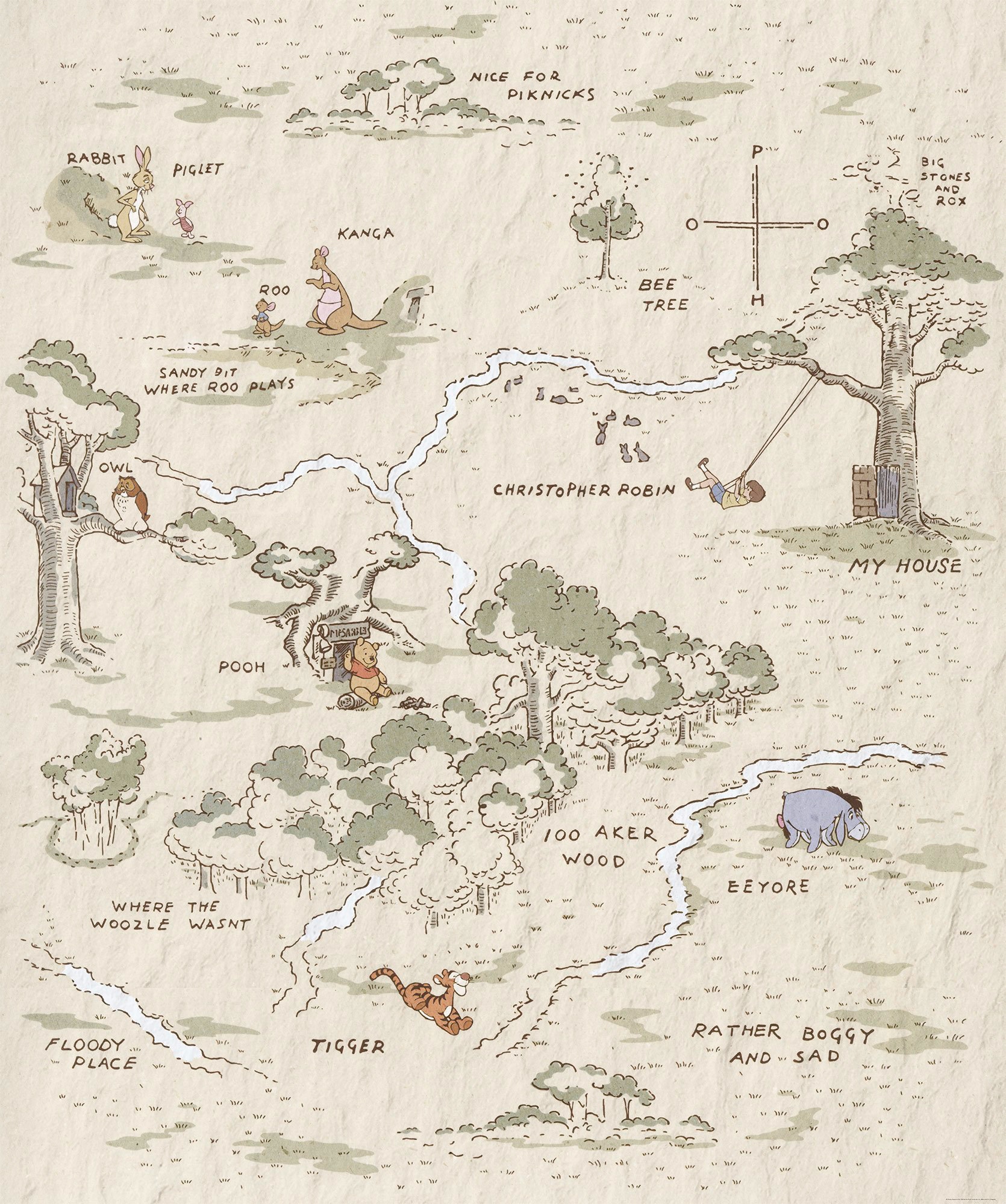 Komar Vliestapete "Digitaldruck Vlies - Winnie the Pooh Map - Größe 200 x 240 cm" bedruckt glatt Kinderzimmer