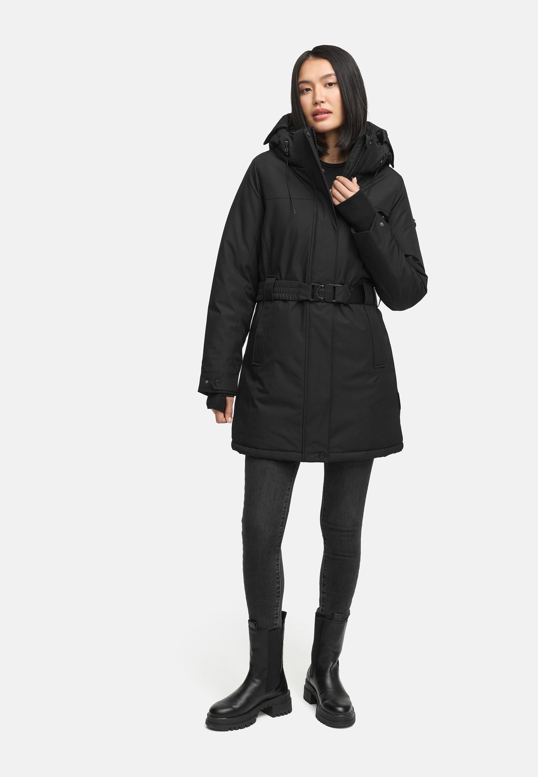 Navahoo Wintermantel »Frostkuss 14«, Warmer Damen Mantel mit abnehmbarer Kapuze und Taillengürtel