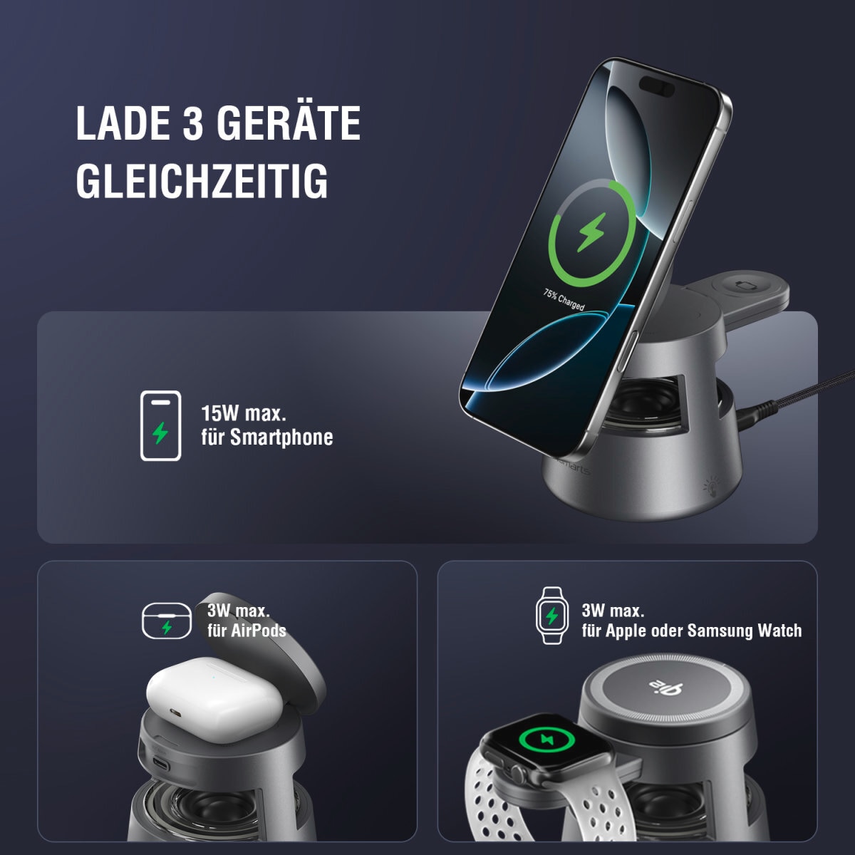 4smarts Ladestation »Aura Sound magnetischer Qi2 Charging Stand mit Lautsprecher«, inklusive UltiMag-Ring