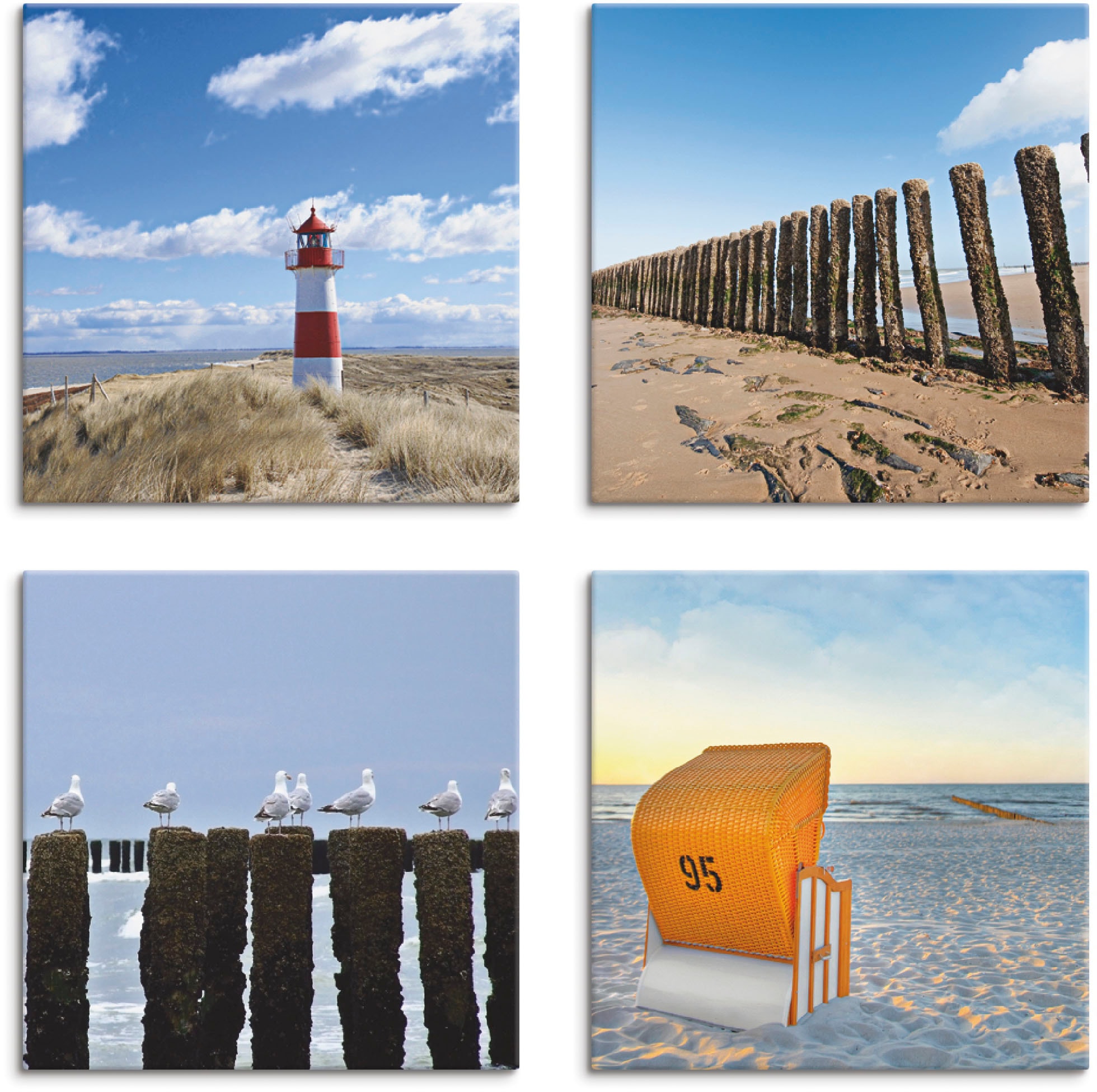 Artland Leinwandbild "Leuchtturm Sylt Strand Möven Strandkorb", Strand, (4 St.), 4er Set, verschiedene Größen