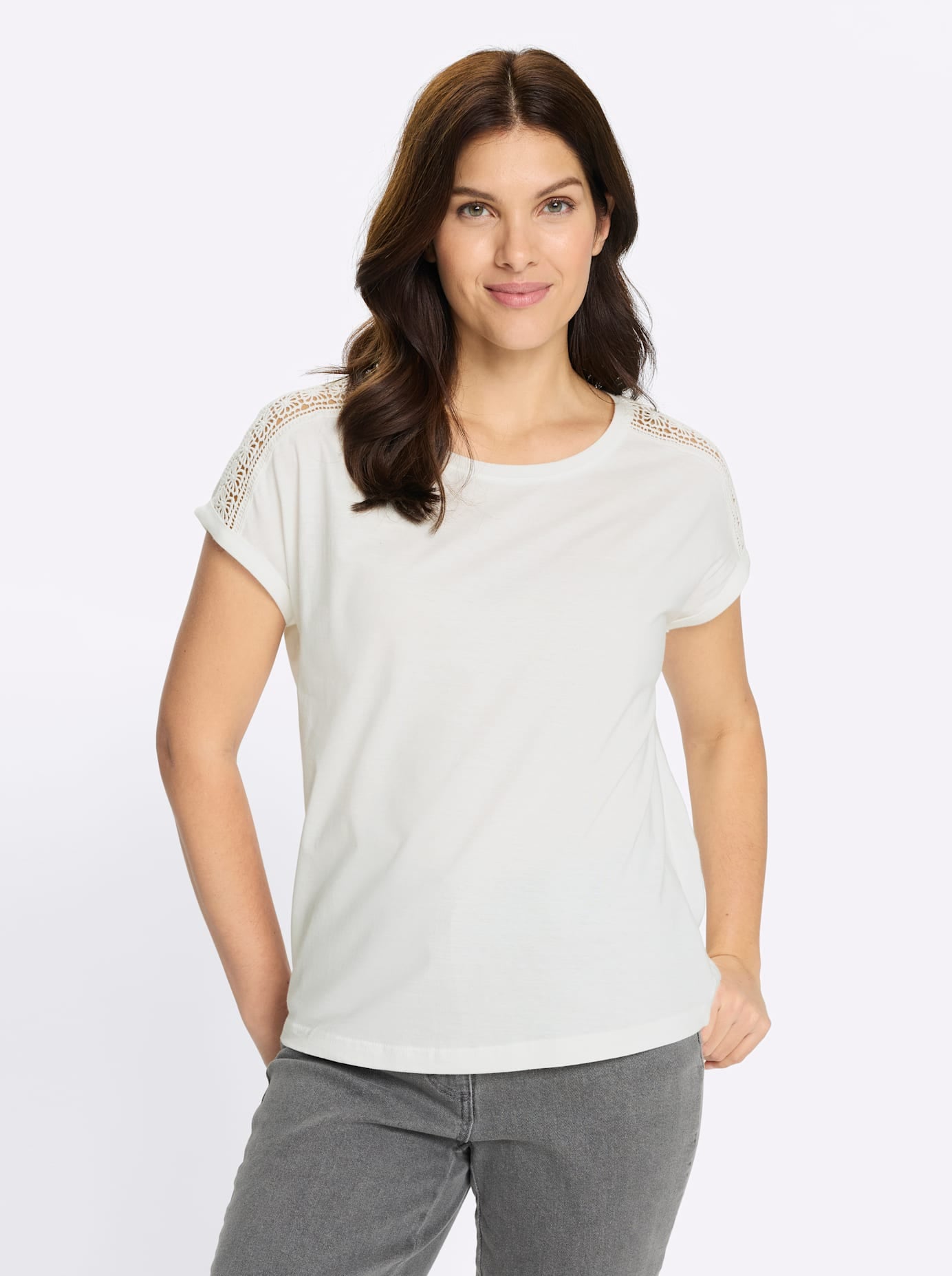 Rundhalsshirt CLASSIC BASICS "Rundhals-Shirt", Damen, Gr. 56, ecru, 100% Baumwolle, unifarben, Rundhals, Shirts Rundhalsshirt