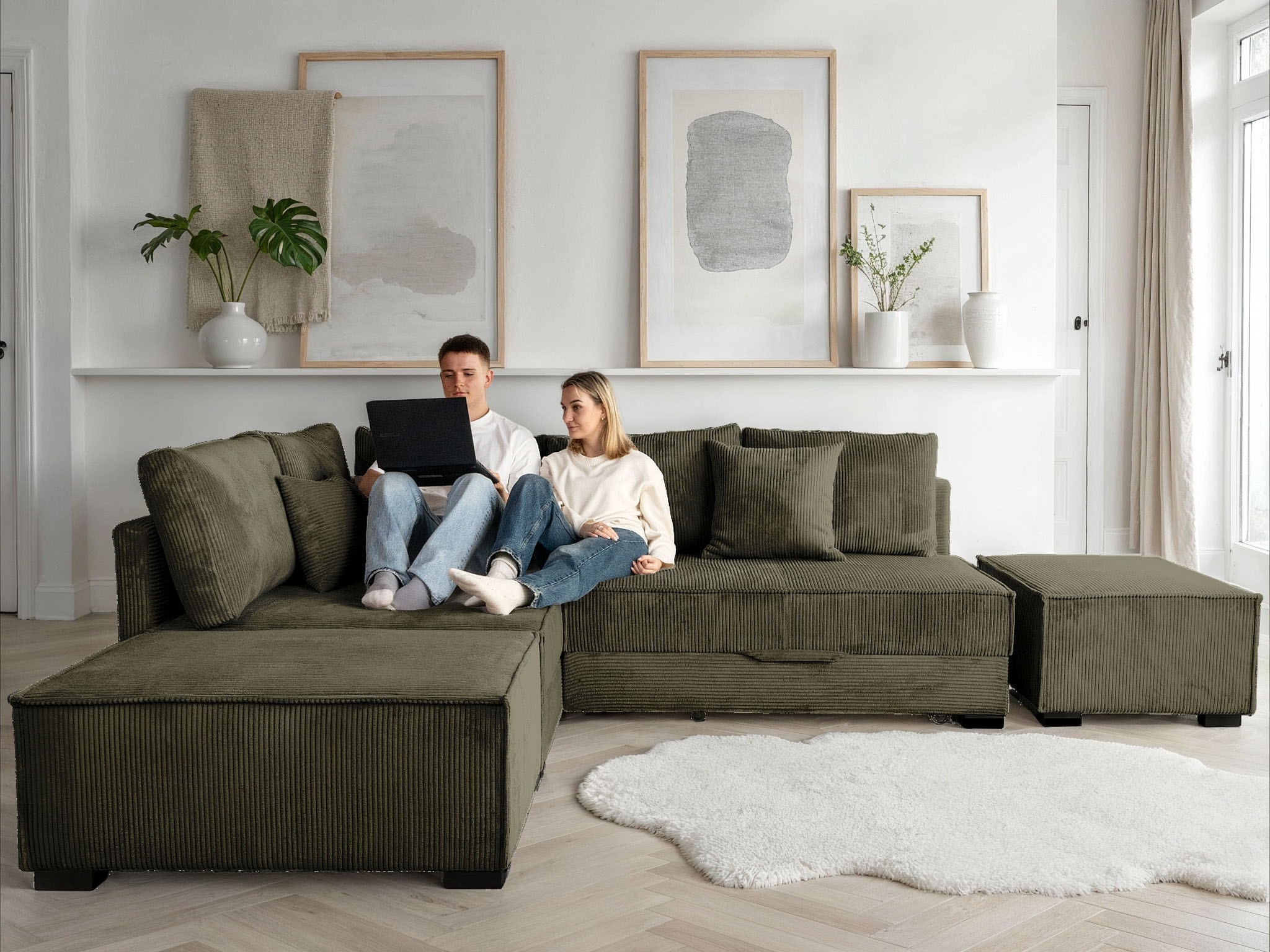 Home affaire "Night & Day L-Form, B: 316 cm mit Dauer-Schlaffunktion 180x200 cm" Set: Sofa & Hocker, Schlaffunktion, Bettkasten & Kissen, Boxspringbett