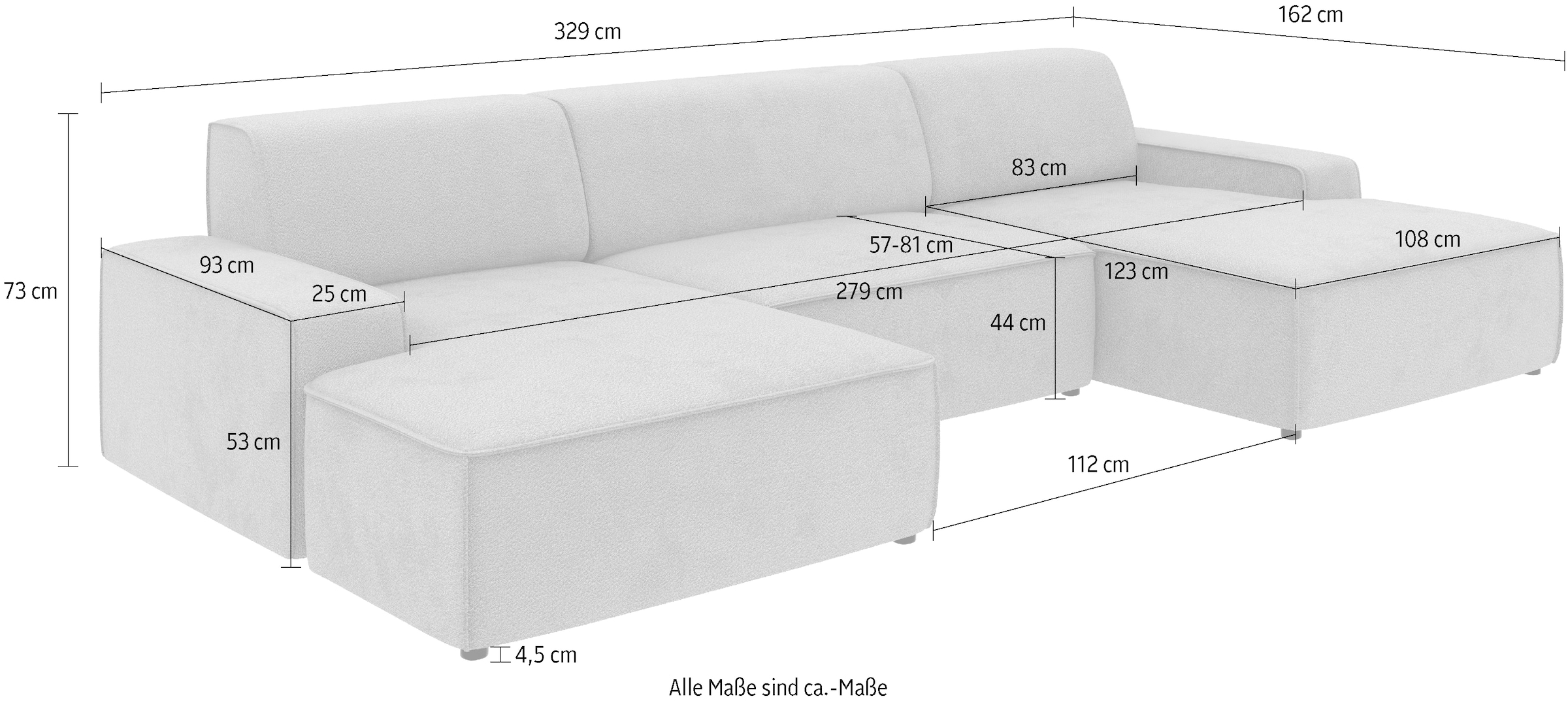 TRENDMANUFAKTUR Wohnlandschaft »Graz, wahlweise mit Sitzvorschub und Bettkasten, U-Form, Breite 329 cm«, in Cord-, haustierfreundlichem LEO Struktur- oder LUMOS-3D-Bezug
