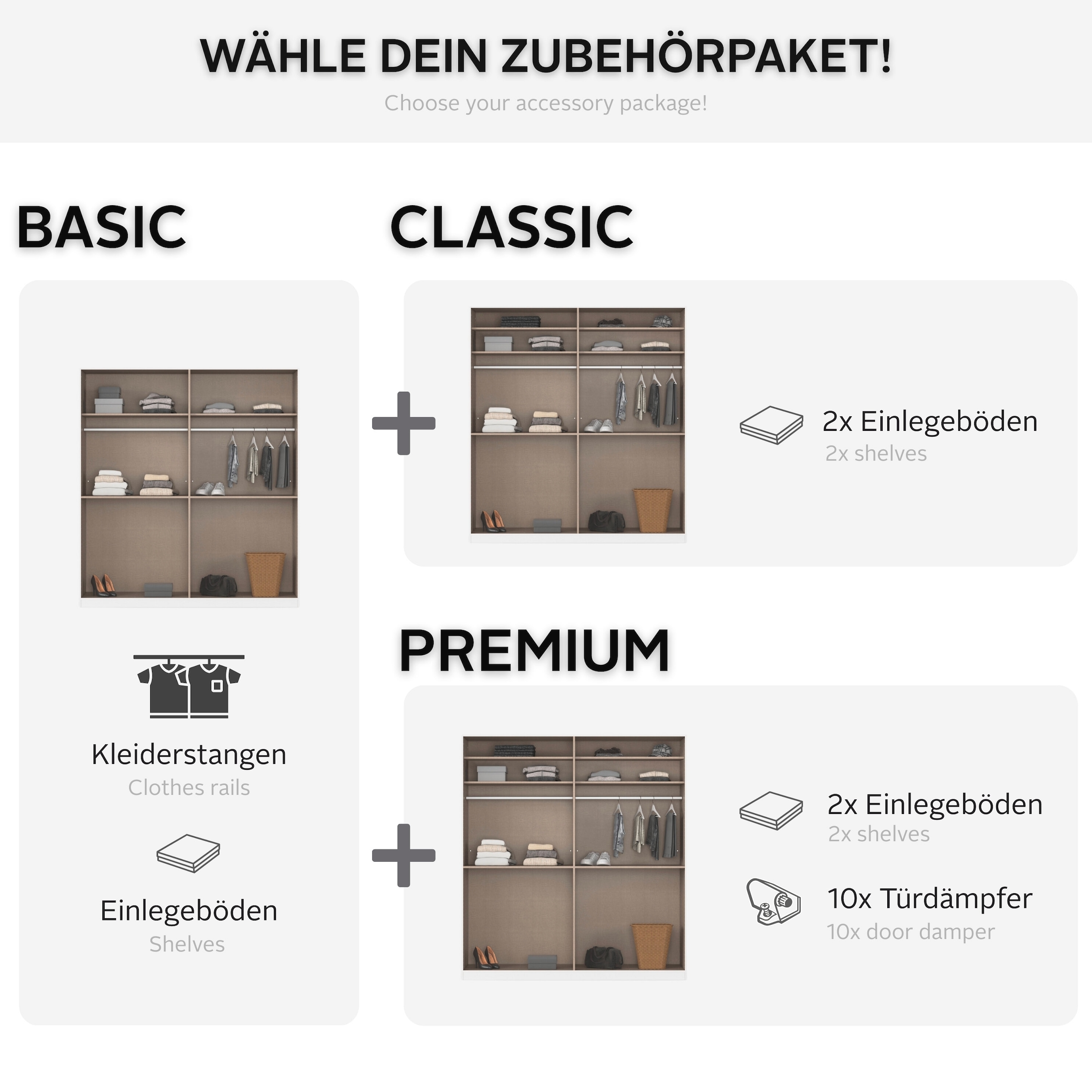 OTTO home Kleiderschrank »Schrank Garderobe ARVEN Breiten 181/226/271cm mit Beleuchtung« 3 verschiedene Ausstattungen BASIC/CLASSIC/PREMIUM (inkl. SOFT-CLOSE),  puristisches Design in Plankenoptik mit Metallgriffen MADE IN GERMANY