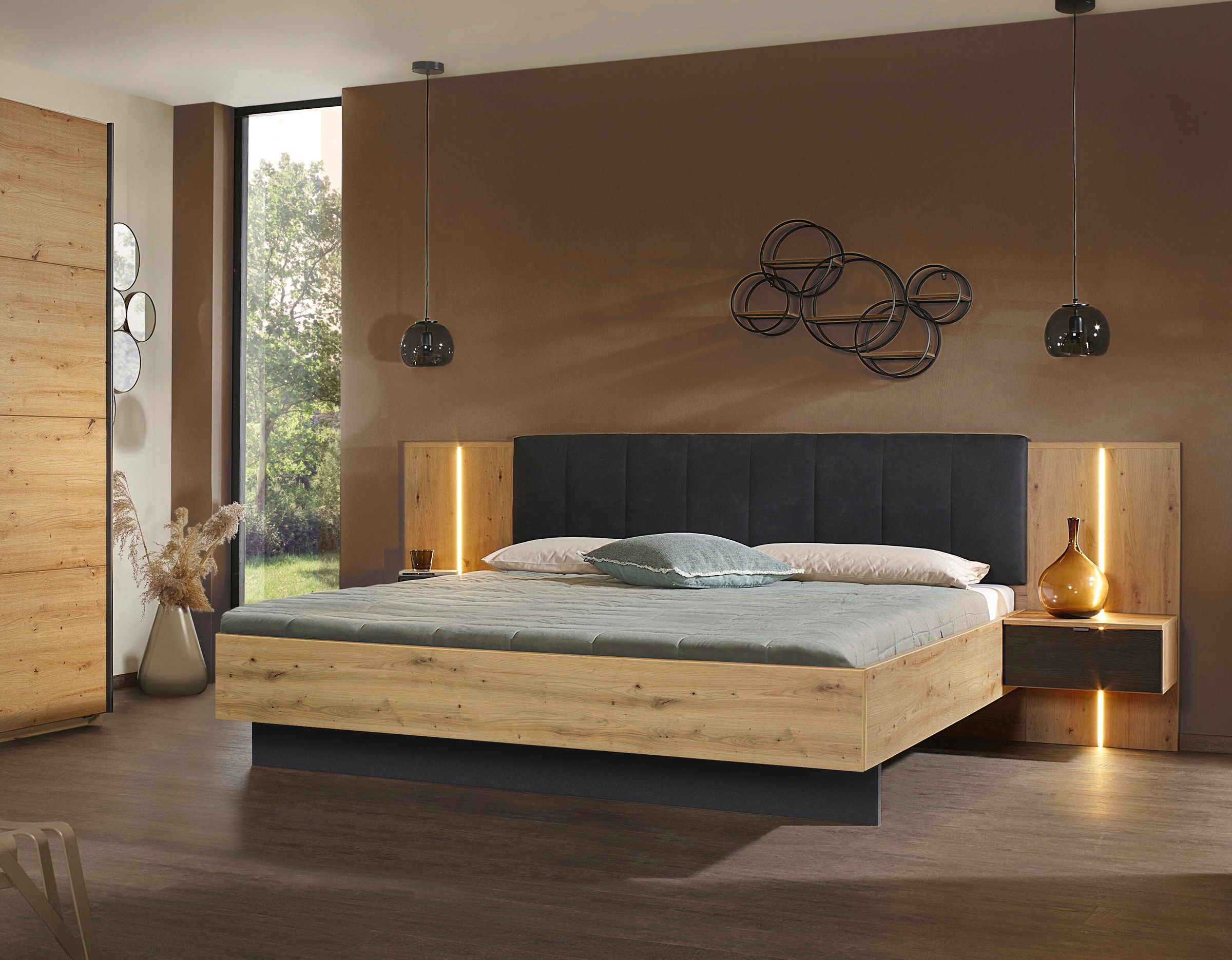 rauch Bettanlage »Bett Doppelbett Komfortbett Funktionsbett APOLLON« Liegefläche 180x200, optional mit Bettbank und Stauraum, 3 tlg. tlg. Polster-Kopfteil in Lederoptik black, mit Beleuchtung MADE IN GERMANY