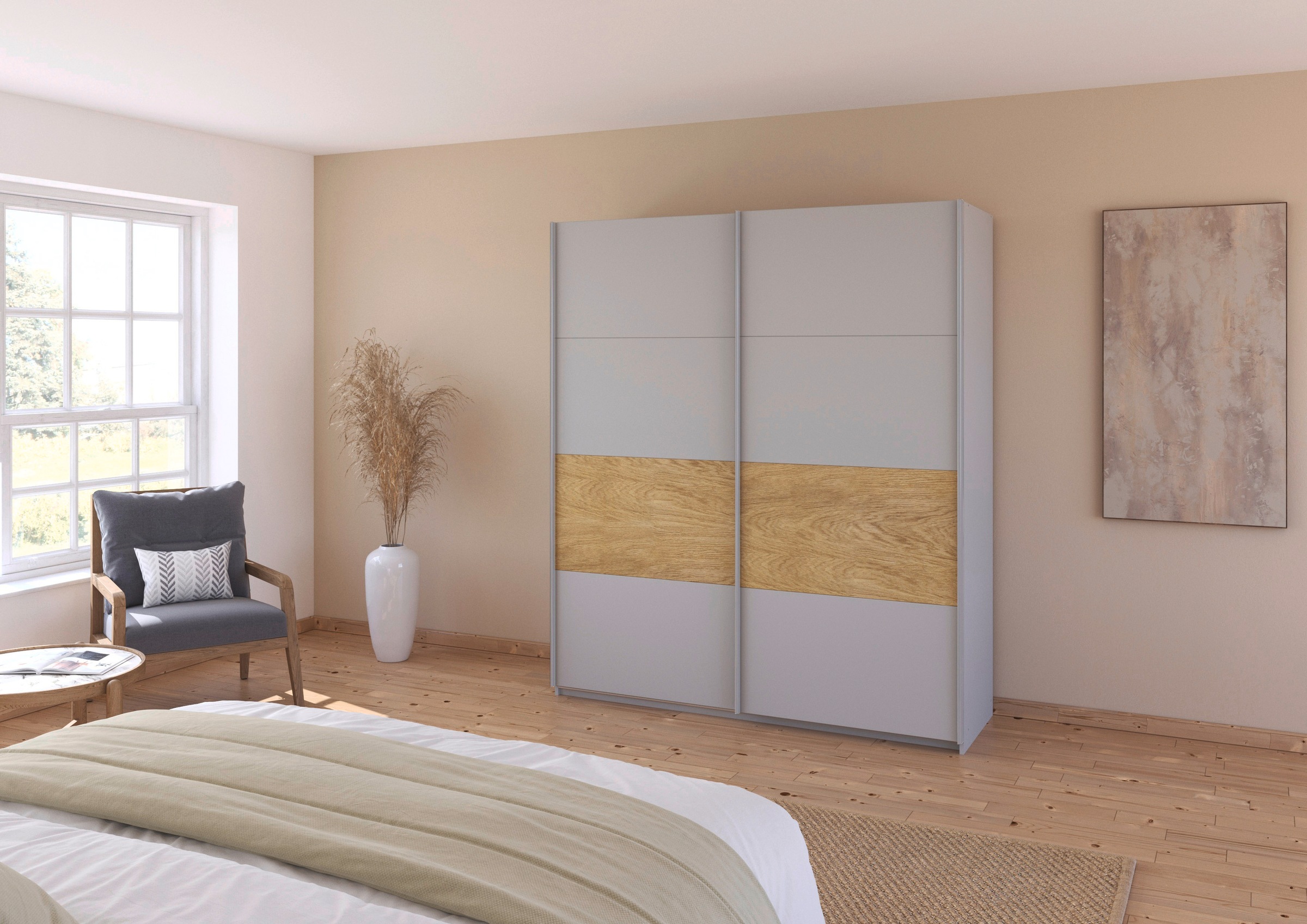 rauch Schwebetürenschrank »Kleiderschrank Schrank Garderobe Schlafzimmerschrank MALVA«, Bauchbinde abgesetzt in gebürstetem Eiche Furnier MADE IN GERMANY
