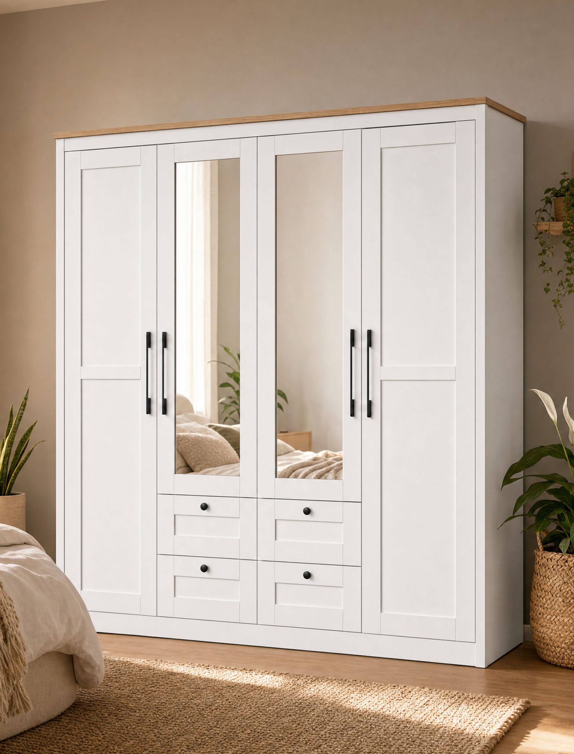 OTTO home Kleiderschrank "Büsum Schlafzimmer Schrank mit 4 Türen und Spiegel" Schlafzimmerschrank Landhaus Design Garderobe Schrank Bestseller