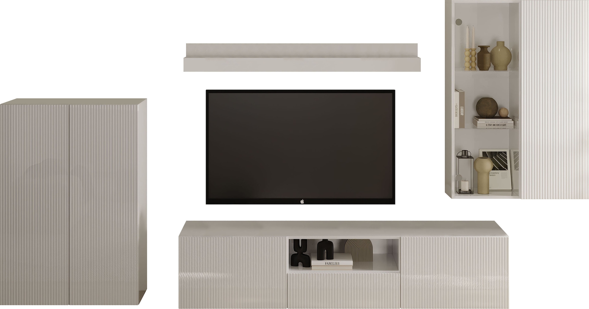 INOSIGN Wohnwand »Rio, 4tlg. Breite 300 cm, modernes, elegantes Wohnzimmer-Set«, (4 St.), (Lowboard, Highboard, Hängevitrine, Wandboard), Front geriffelt