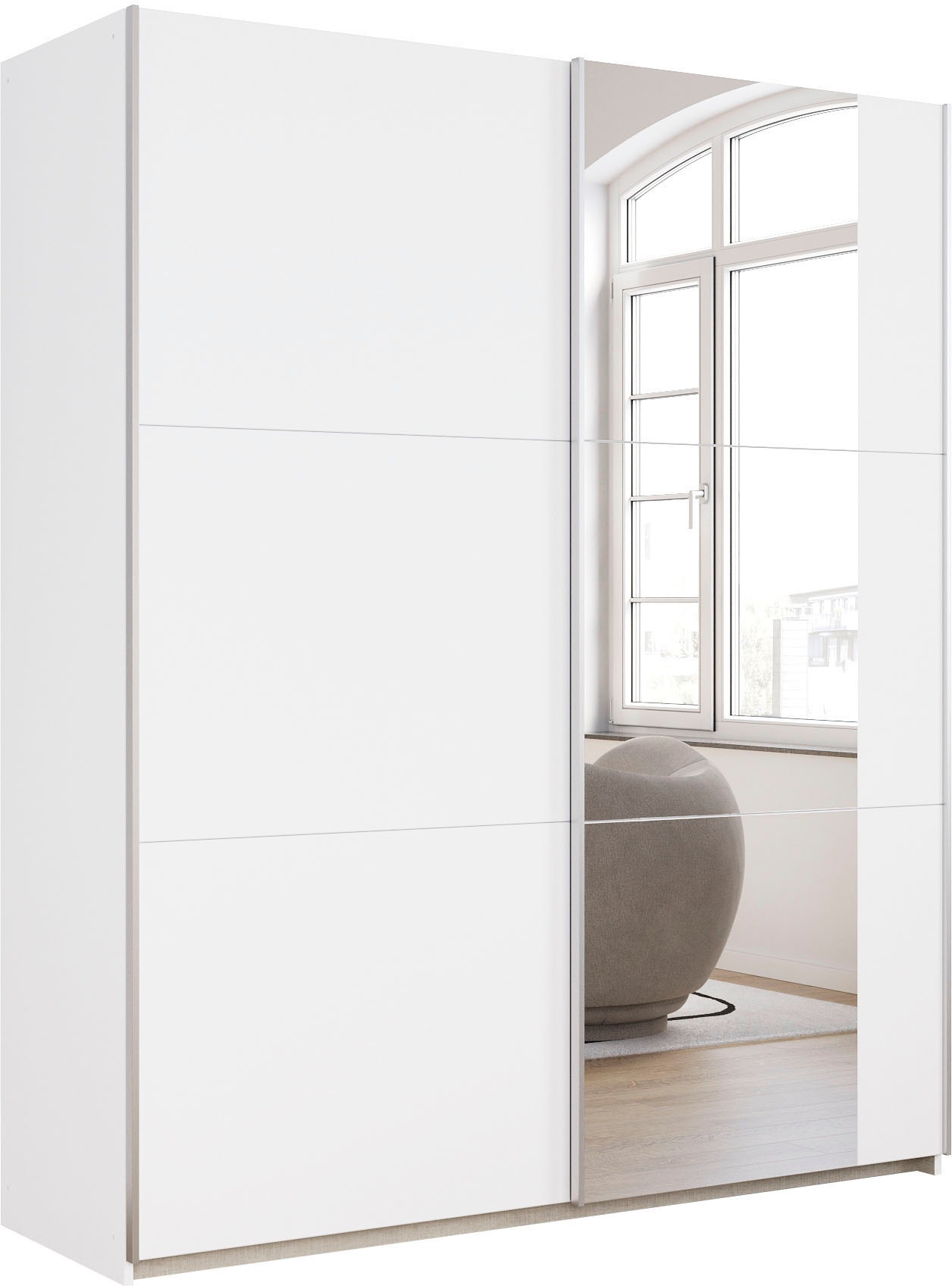 rauch Schwebetürenschrank "Kleiderschrank Drehtürenschrank Schrank Garderobe KRONACH" in 3 Ausstattungen BASIC/CLASSIC/PREMIUM, Breiten 131/175/218/261 cm, optional ohne, mit 1 oder 2 Spiegel, viel Stauraum MADE IN GERMANY
