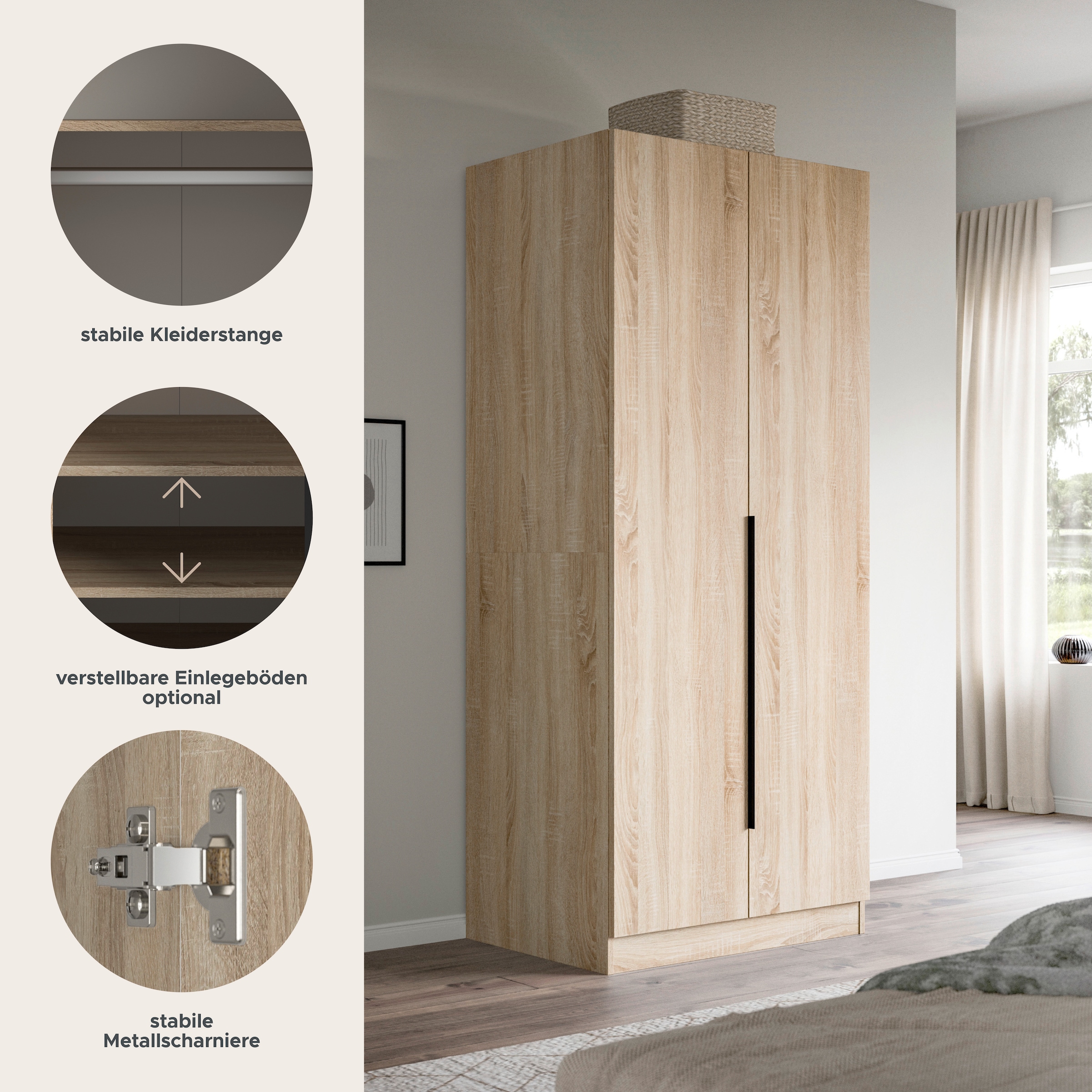 Home affaire Kleiderschrank »Skarde Schlafzimmerschrank, Garderobe, Schrank« Otto Bestseller Garderobe Schlafzimmerschrank,  Breite: 80 cm, Sonoma Eiche NB, Kleiderstange