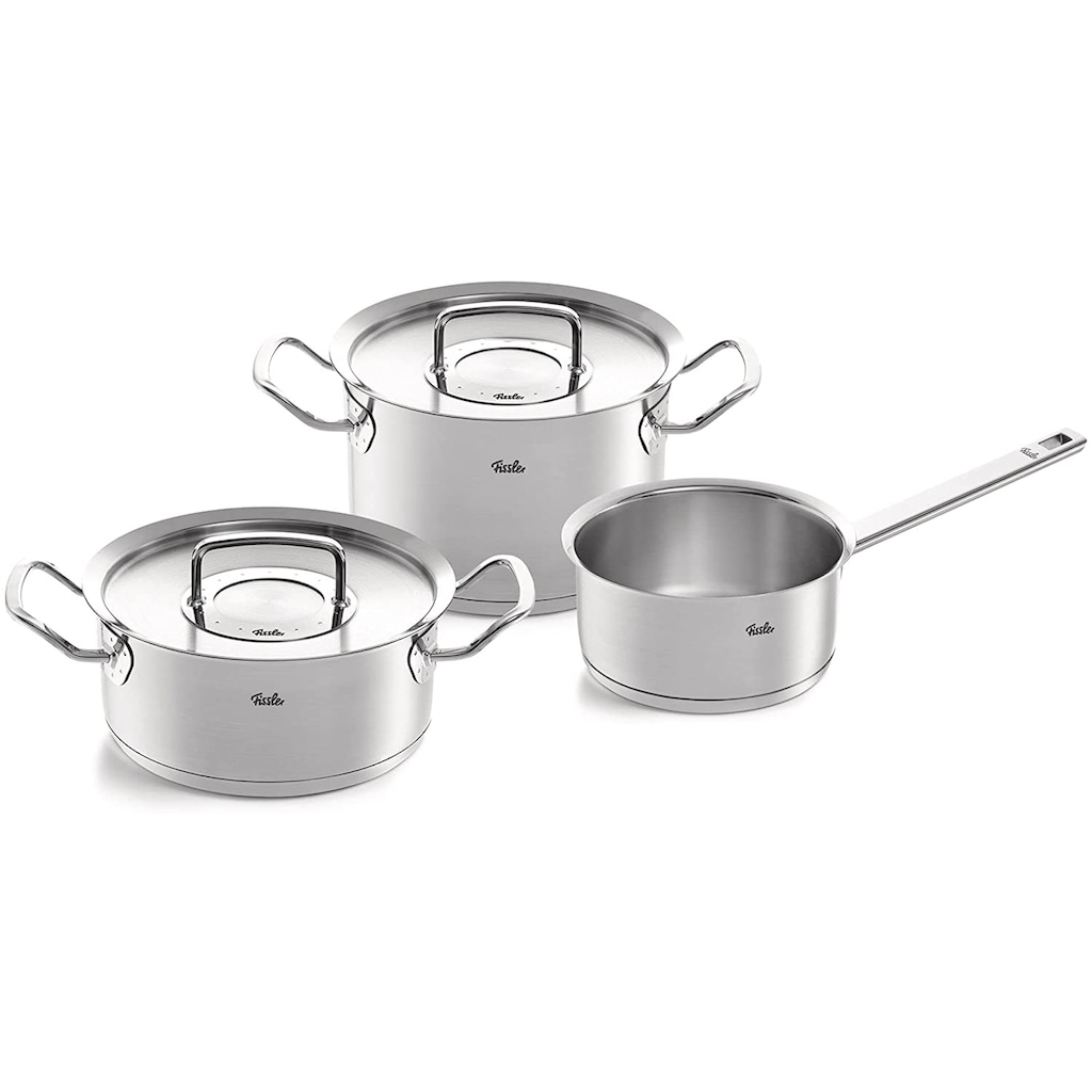 Fissler Topf-Set »ORIGINAL-PROFI COLLECTION® Edelstahl-Topfset«, Edelstahl 18/10, (1 tlg., 1x Bratentopf Ø 20 cm, 1x Kochtopf Ø 20 cm, 1x Kasserolle Ø 16 cm), mit breitem Schüttrand, Kaltmetallgriffen. Made in Germany, Induktion