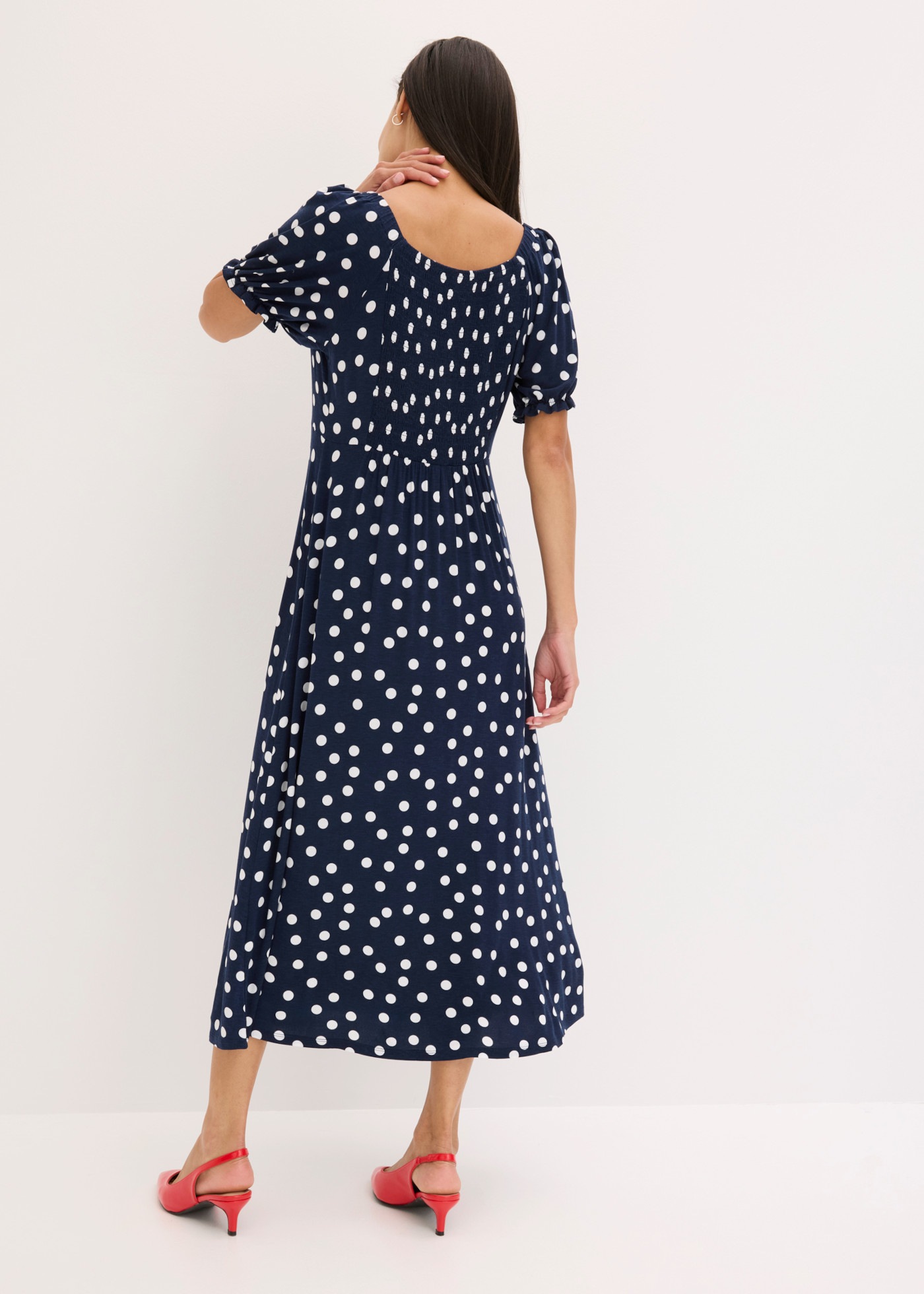 bonprix Midikleid mit Smock am Rücken, ausgestellte Passform, Kurzarm