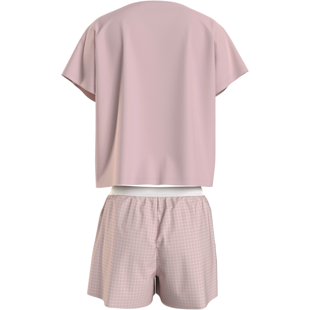 Tommy Hilfiger Underwear Shorty »SS JERSEY PJ SET«, (Set, 2 tlg., Shirt+Shorts), Shirt uni, Shorts kariert, Logoschriftzug