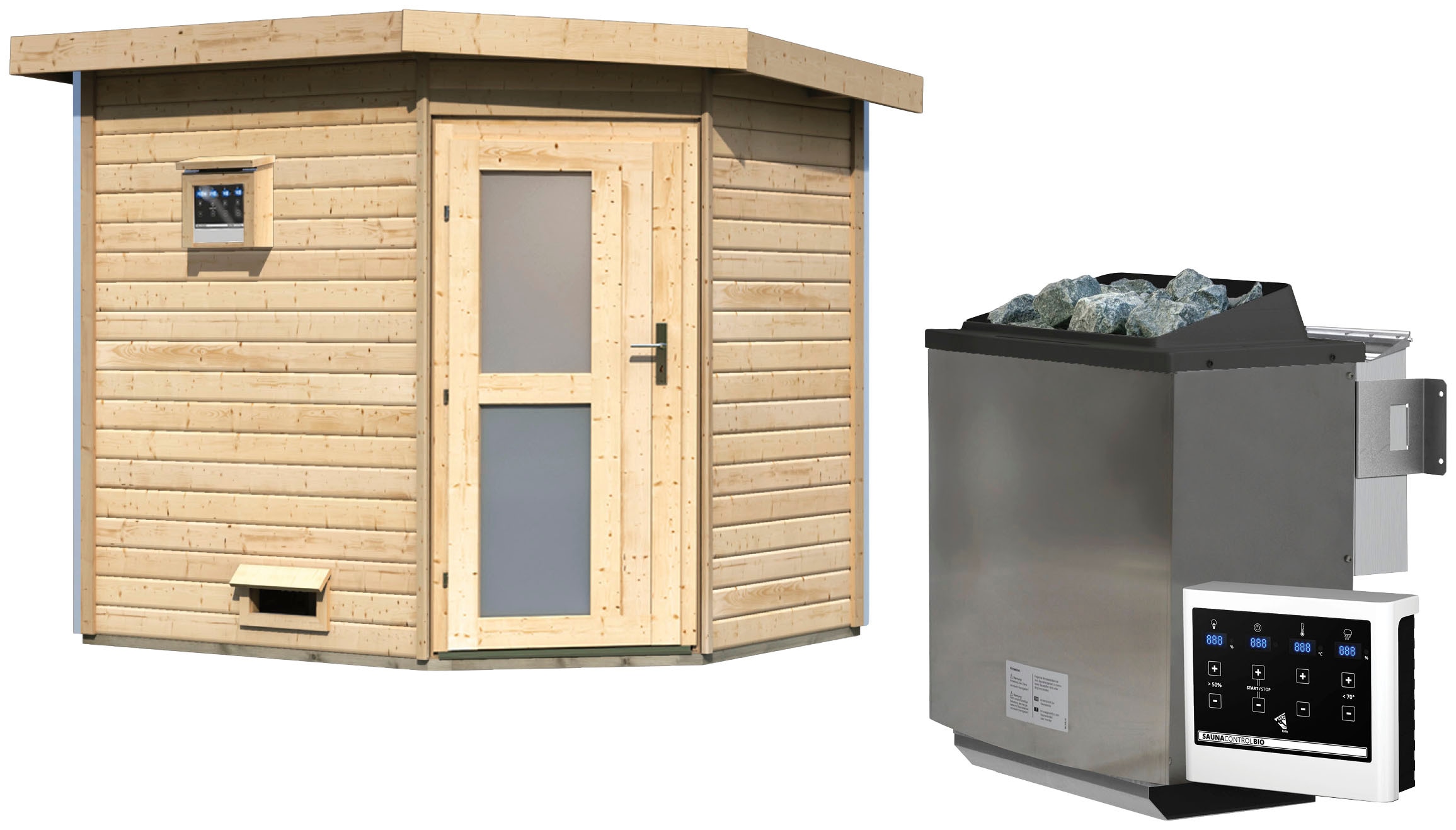 KARIBU Saunahaus "Tore", Bio-Ofen, externe Steuerung, 9 kW, beige, Garten, Saunen, Ofen 9 kW Bio externe Strg easy